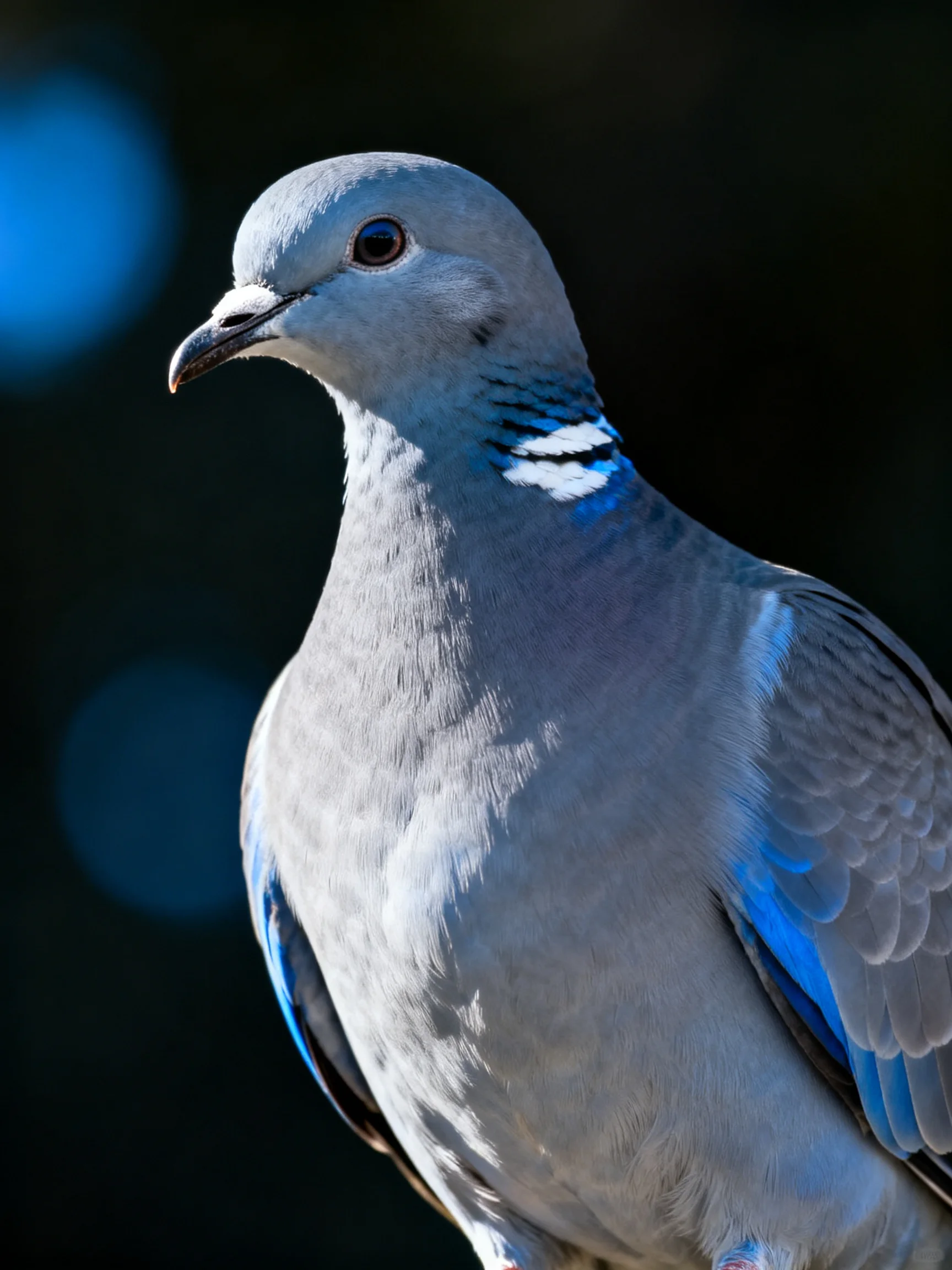 A gray pigeon with blue wing accents and white neck markings