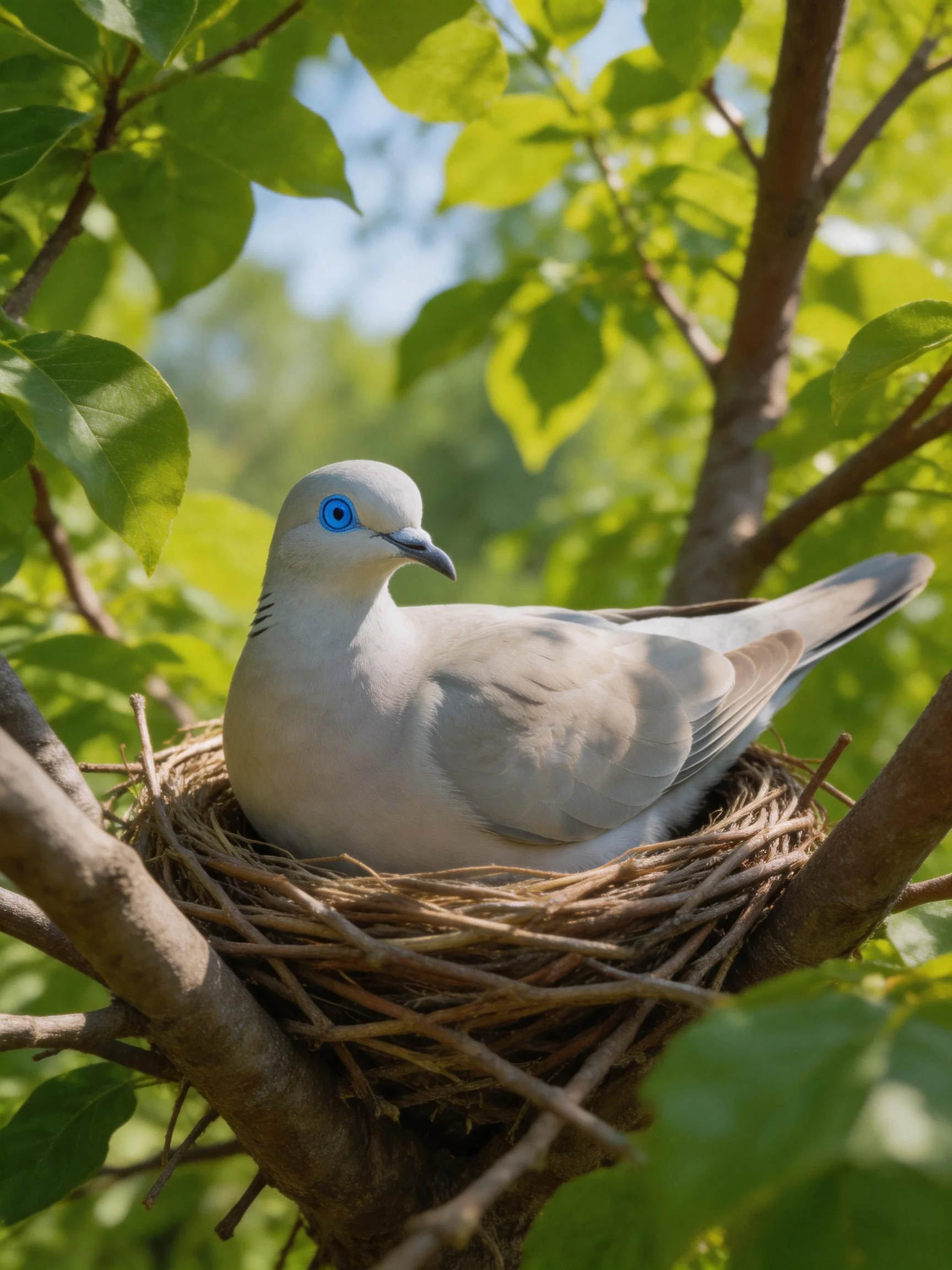 A gray pigeon with bright blue eyes rests in a twig nest amid lush green foliage