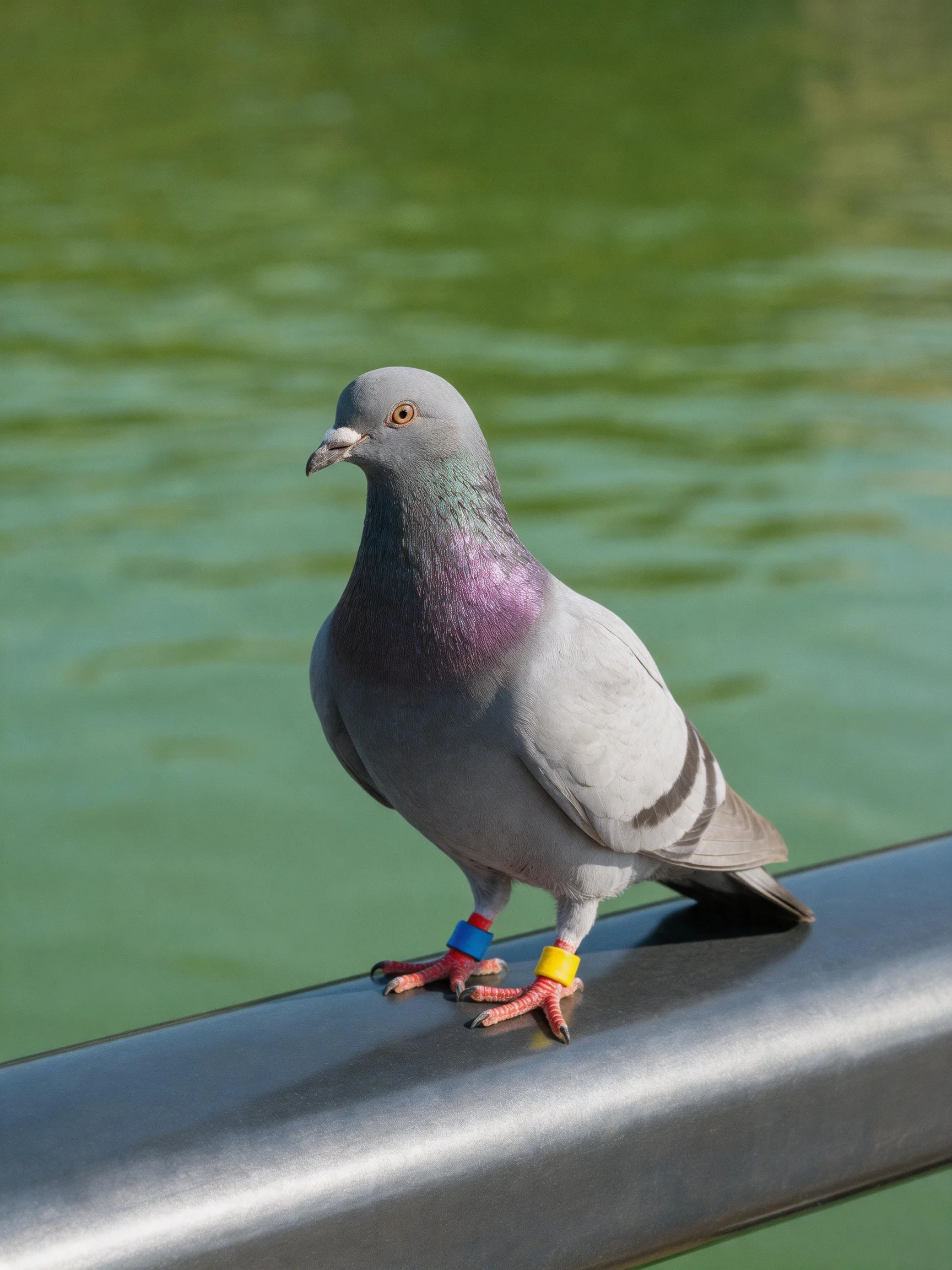 A gray pigeon with colorful leg bands perched by green water