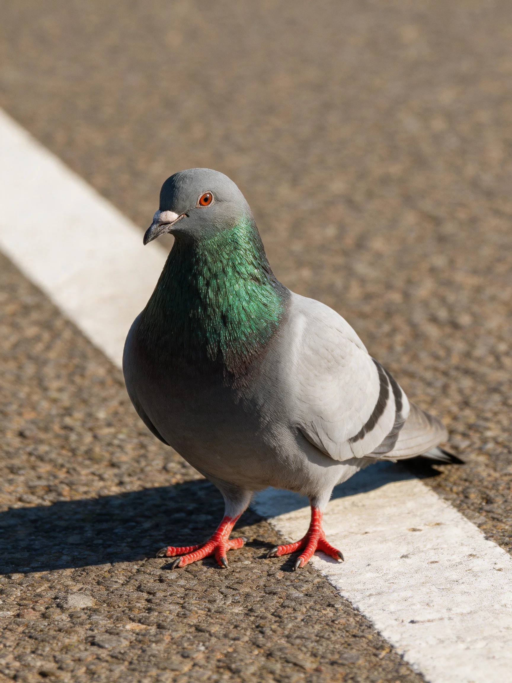 A gray pigeon with emerald neck and crimson feet on paved road