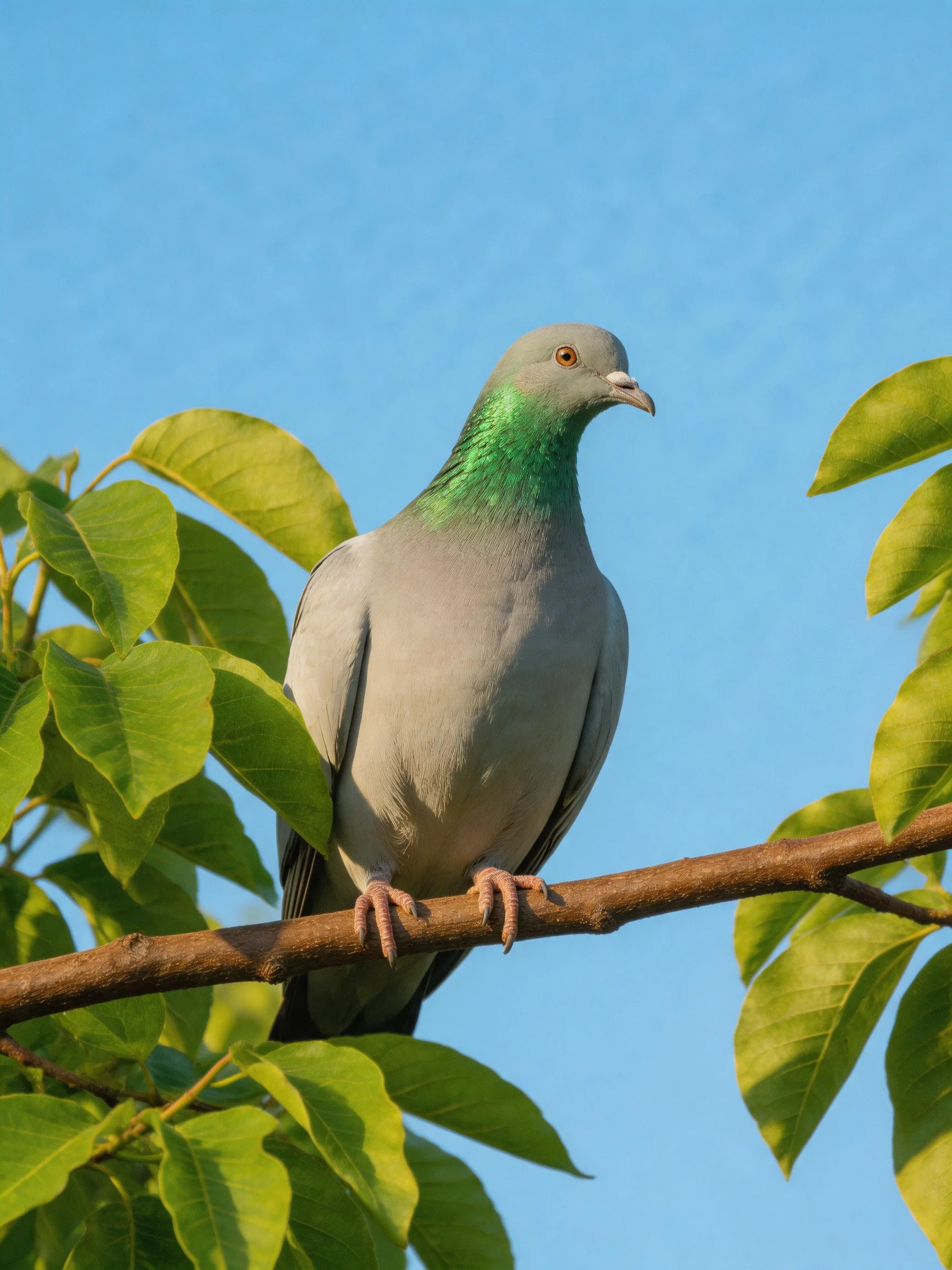 A gray pigeon with emerald neck perches on a brown tree branch