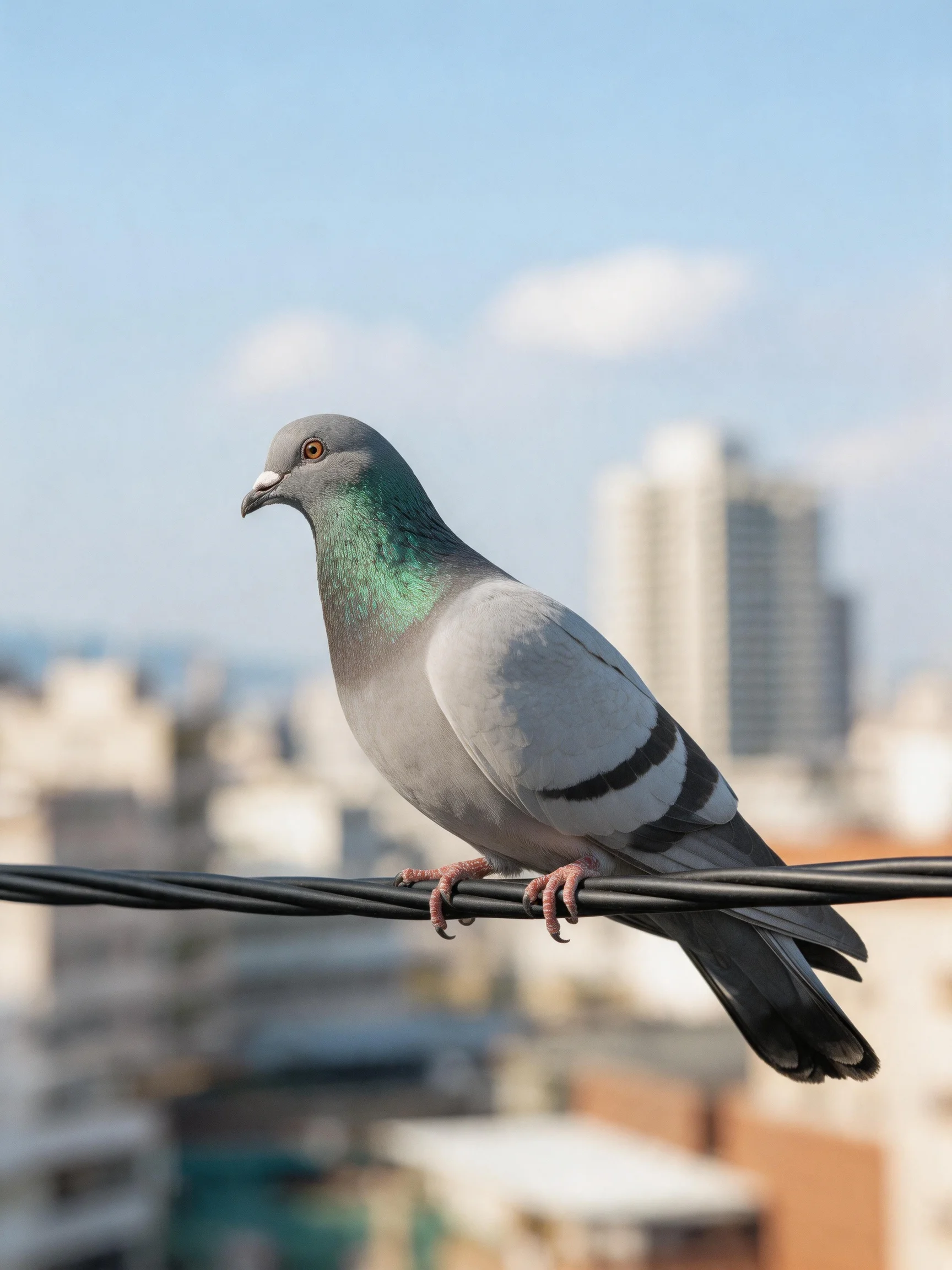 A gray pigeon with emerald neck perches on a wire near city buildings