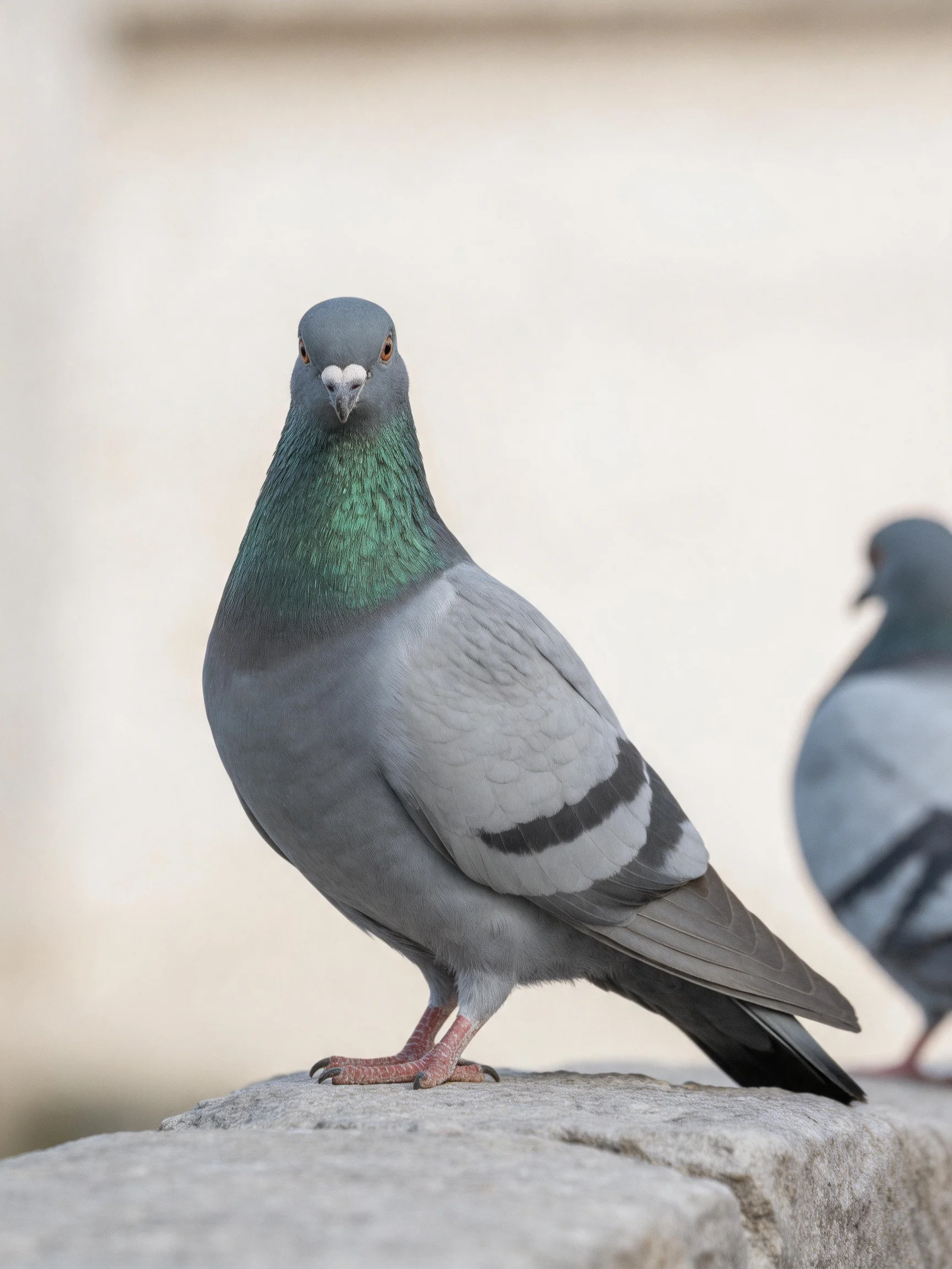 A gray pigeon with emerald neck perches on stone, another pigeon blurred behind.