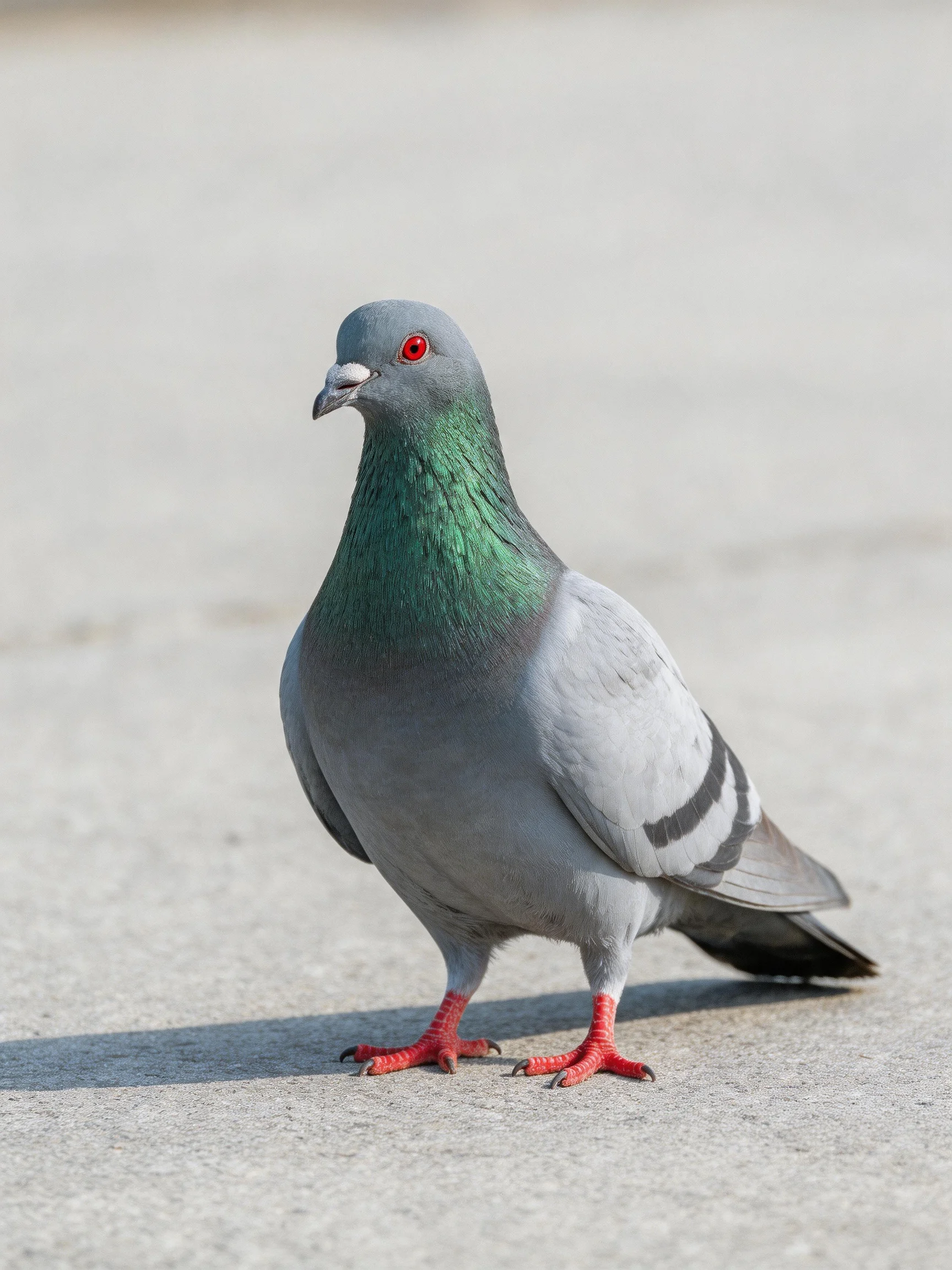 A gray pigeon with emerald neck, red eyes, and red feet stands on pavement