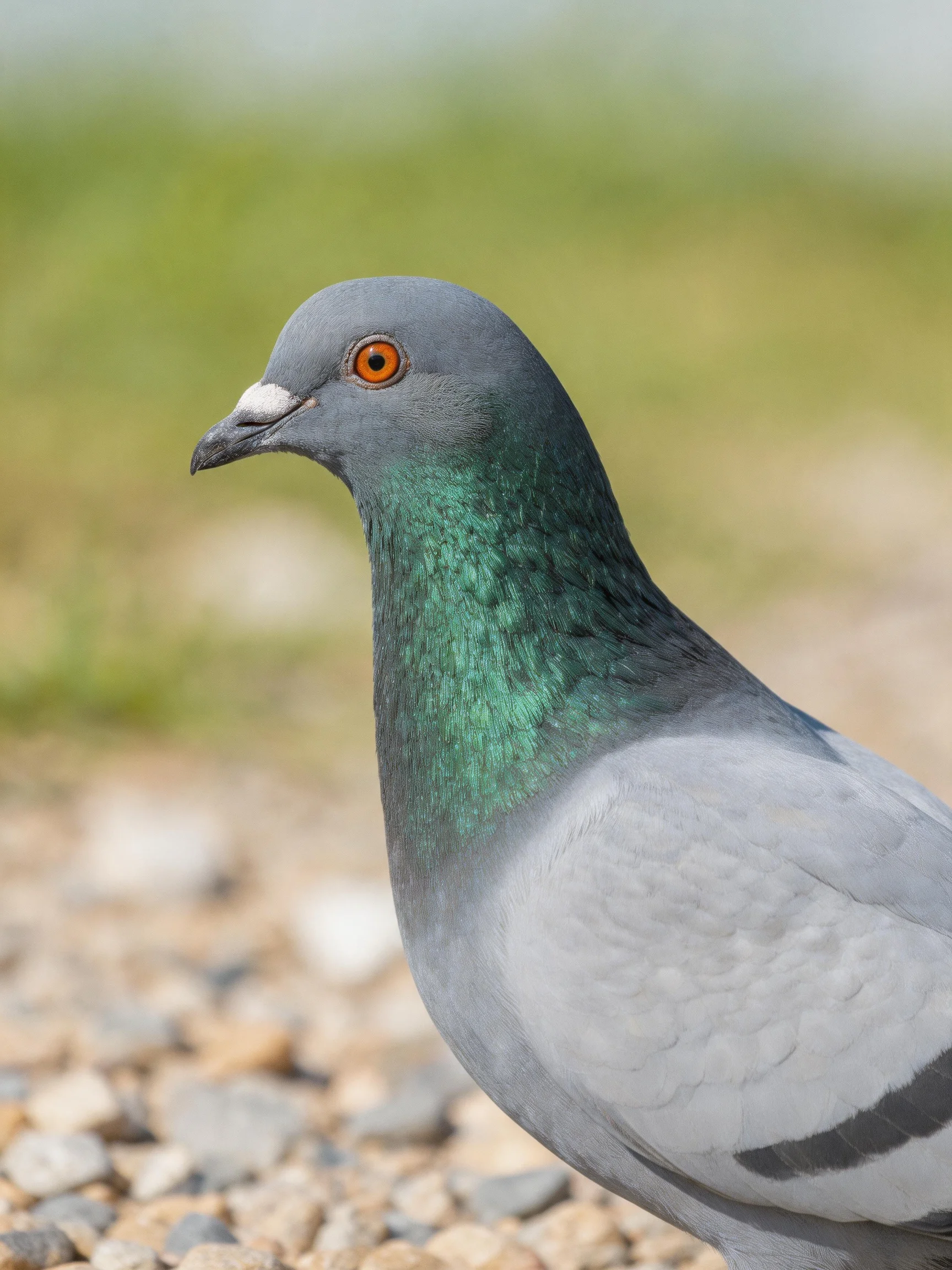 A gray pigeon with emerald neck stands on small pebbles