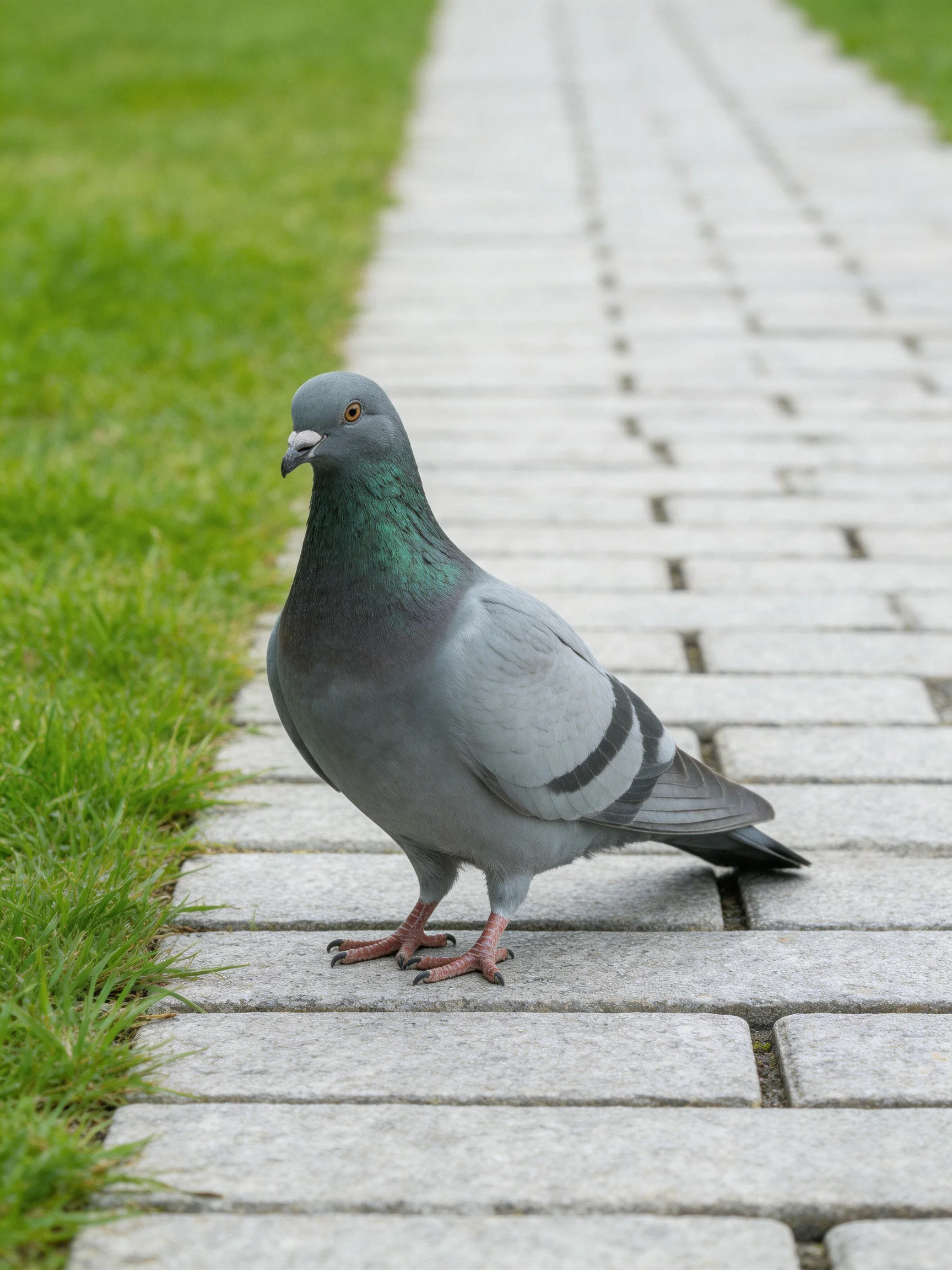 A gray pigeon with emerald neck walks on a stone pathway near green grass