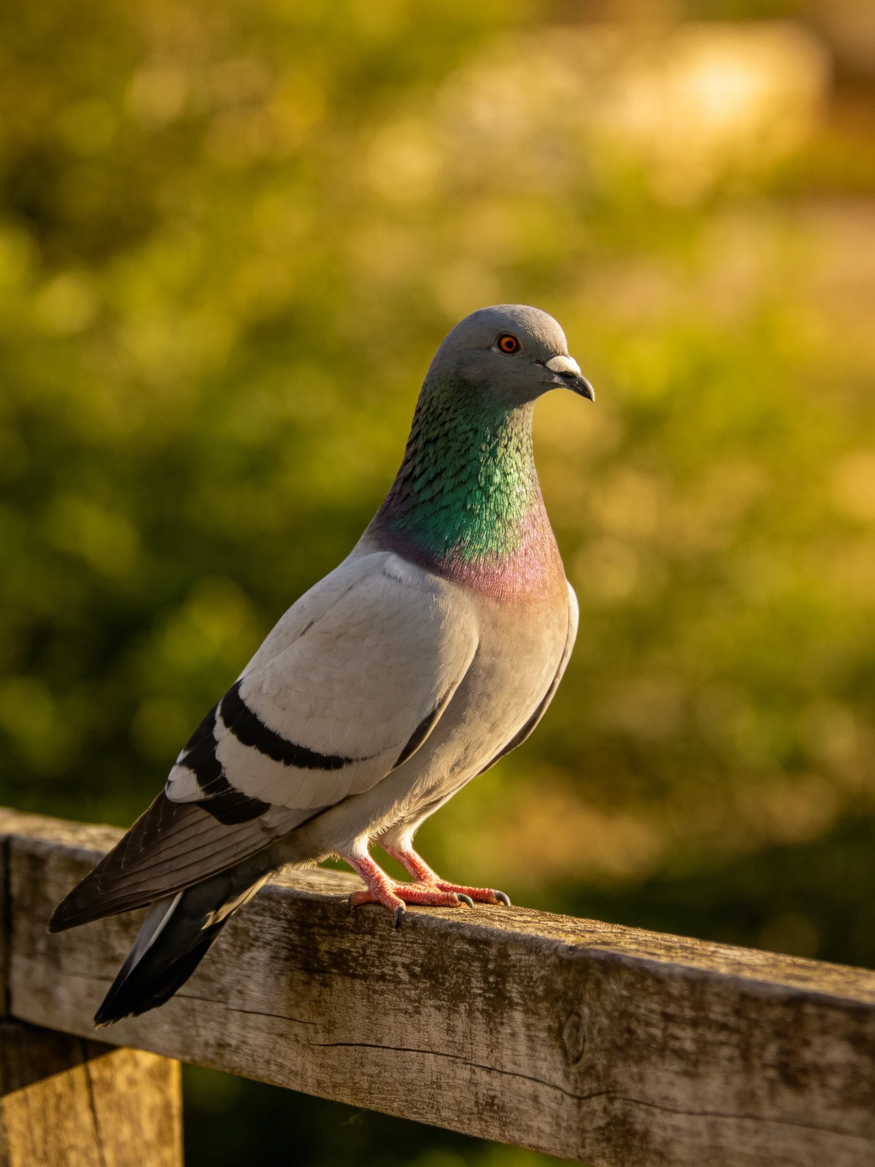 A gray pigeon with green and pink plumage perches on a wooden railing