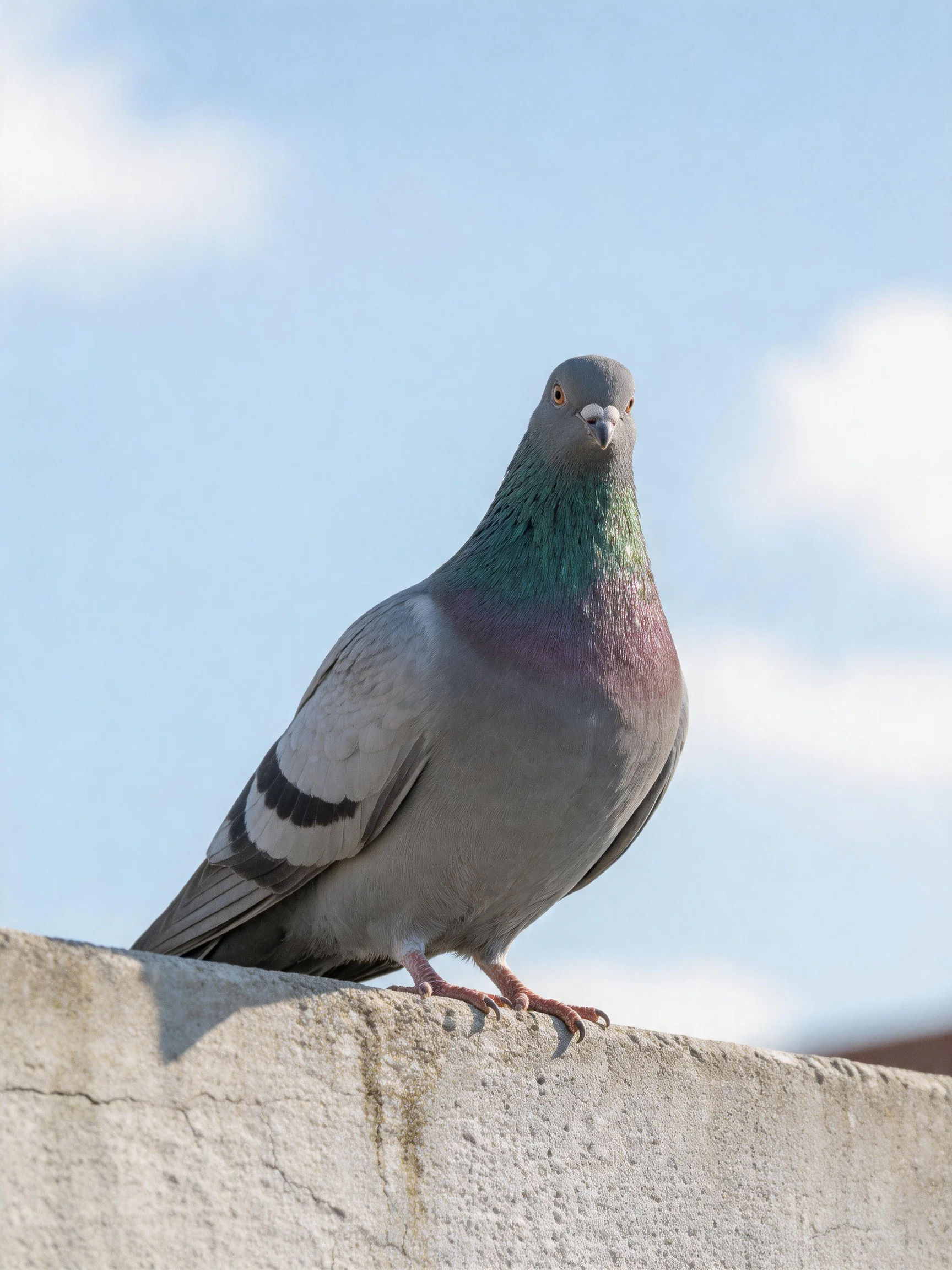 A gray pigeon with green and purple plumage perched on a concrete ledge