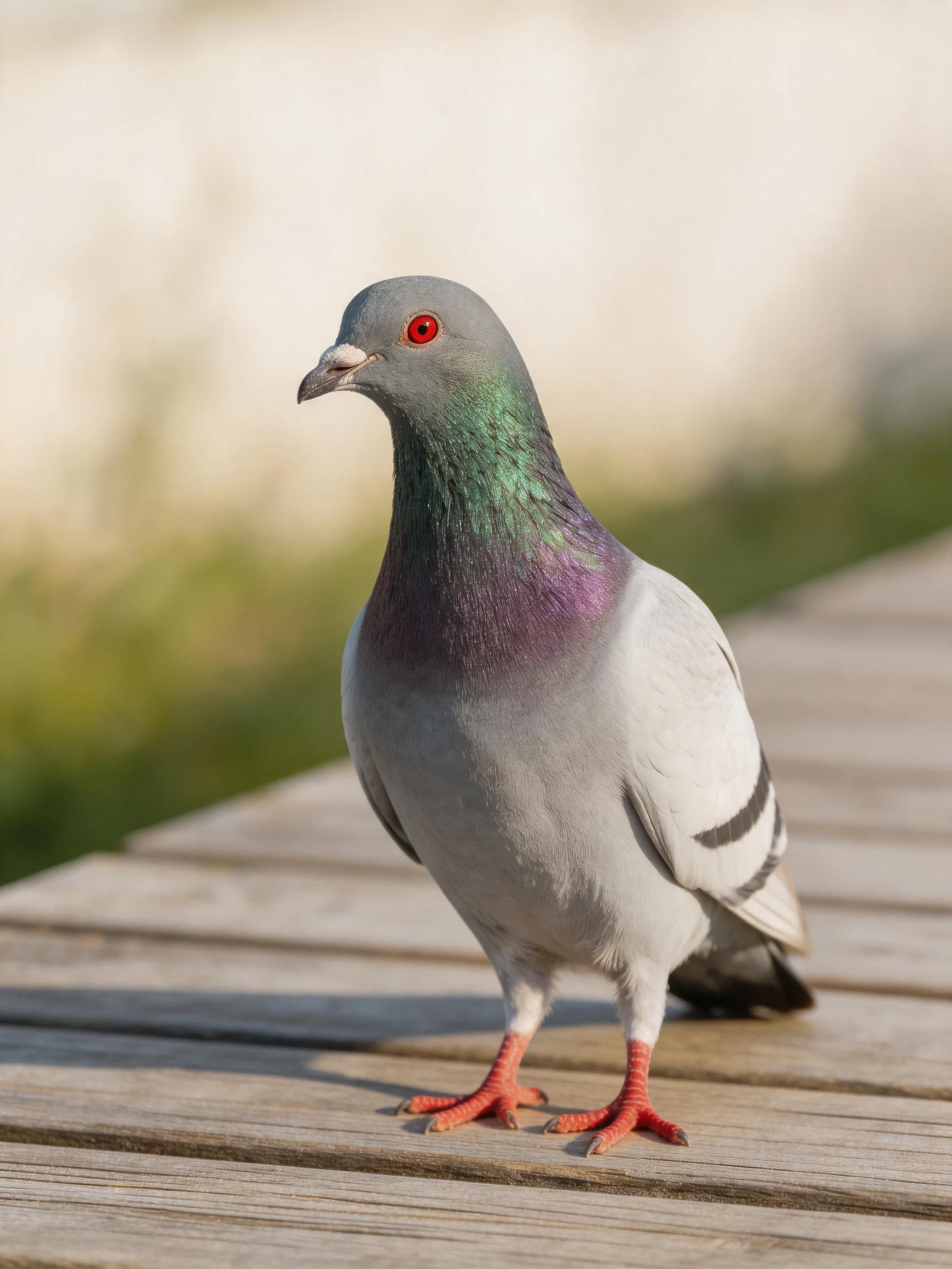 A gray pigeon with green and purple plumage perched on a wooden deck