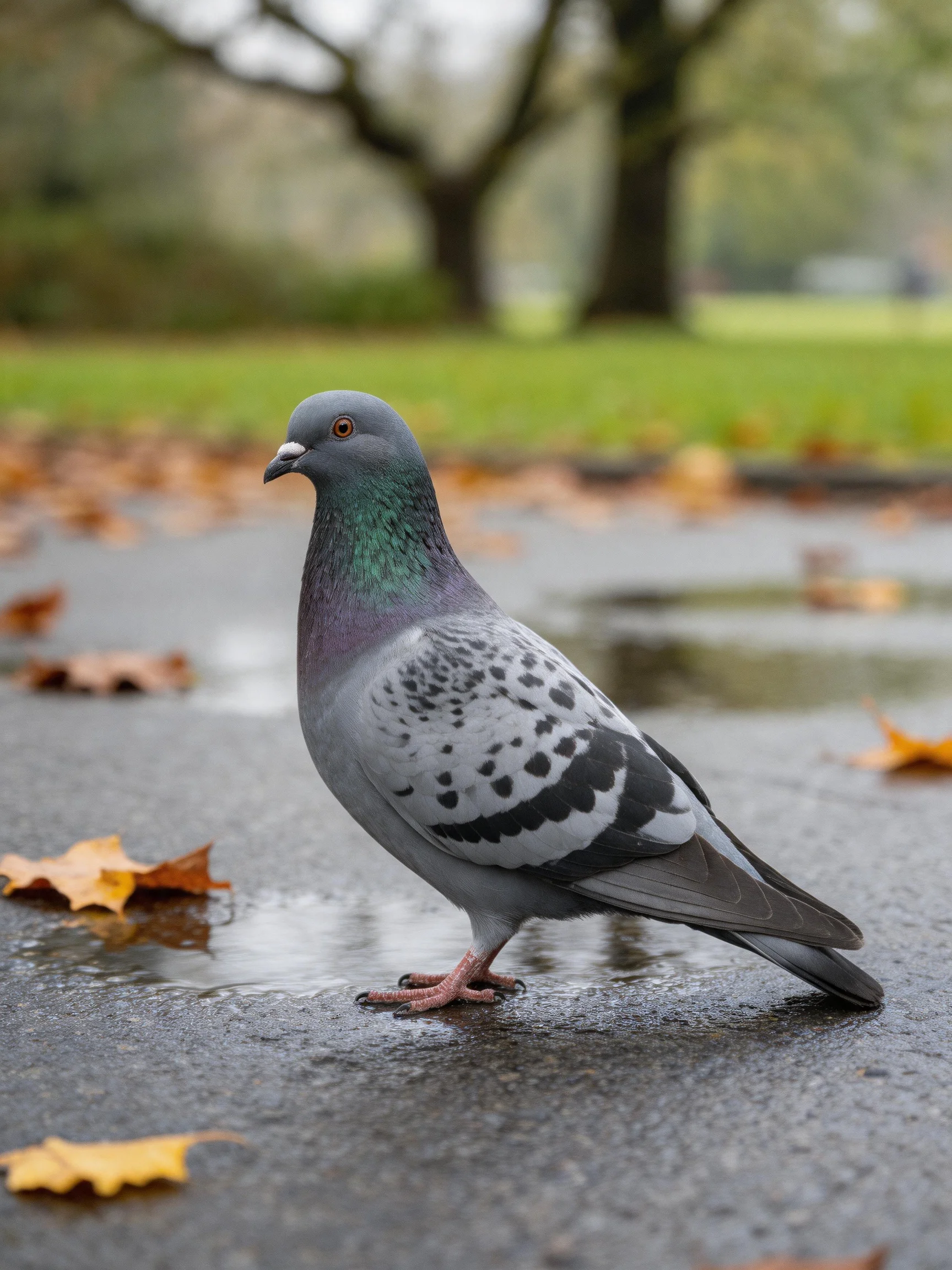 A gray pigeon with green and purple plumage stands on wet pavement near autumn leaves
