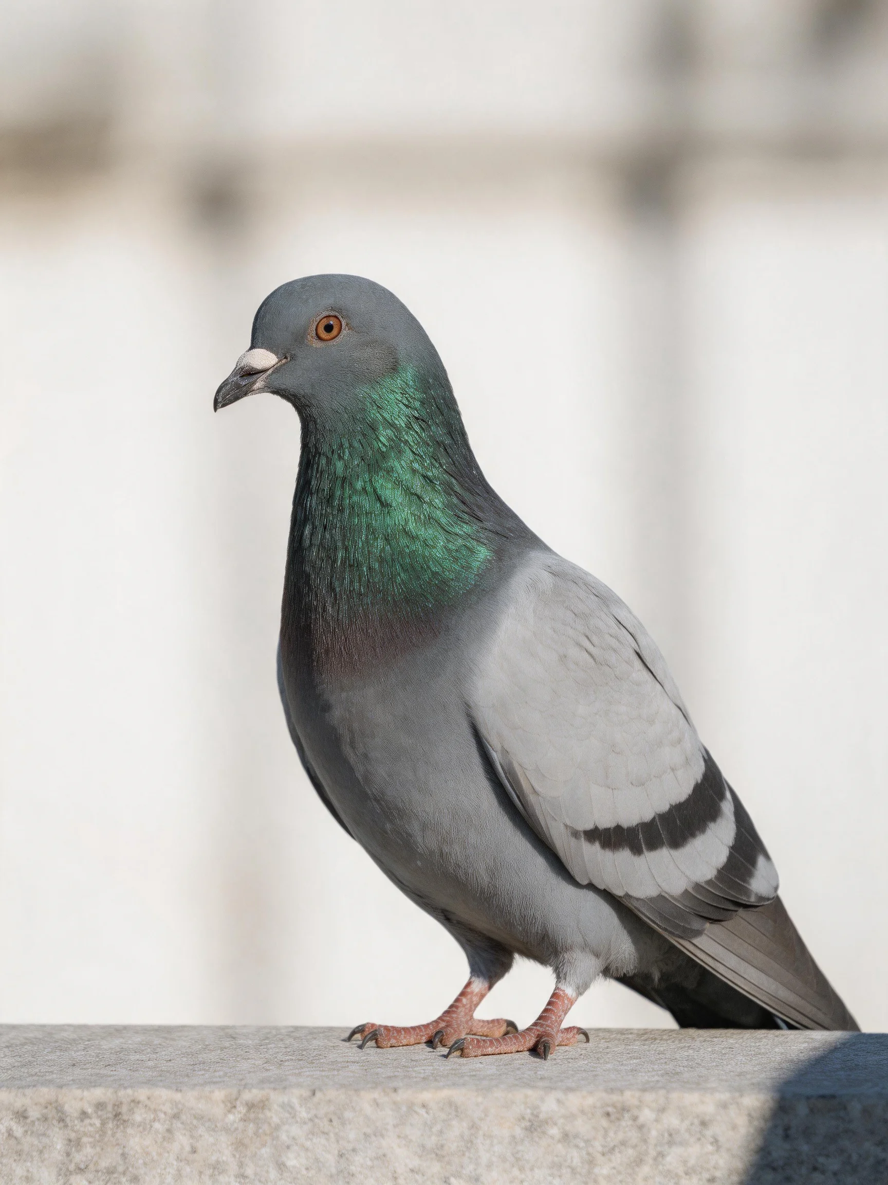A gray pigeon with green neck and black wing stripes on concrete