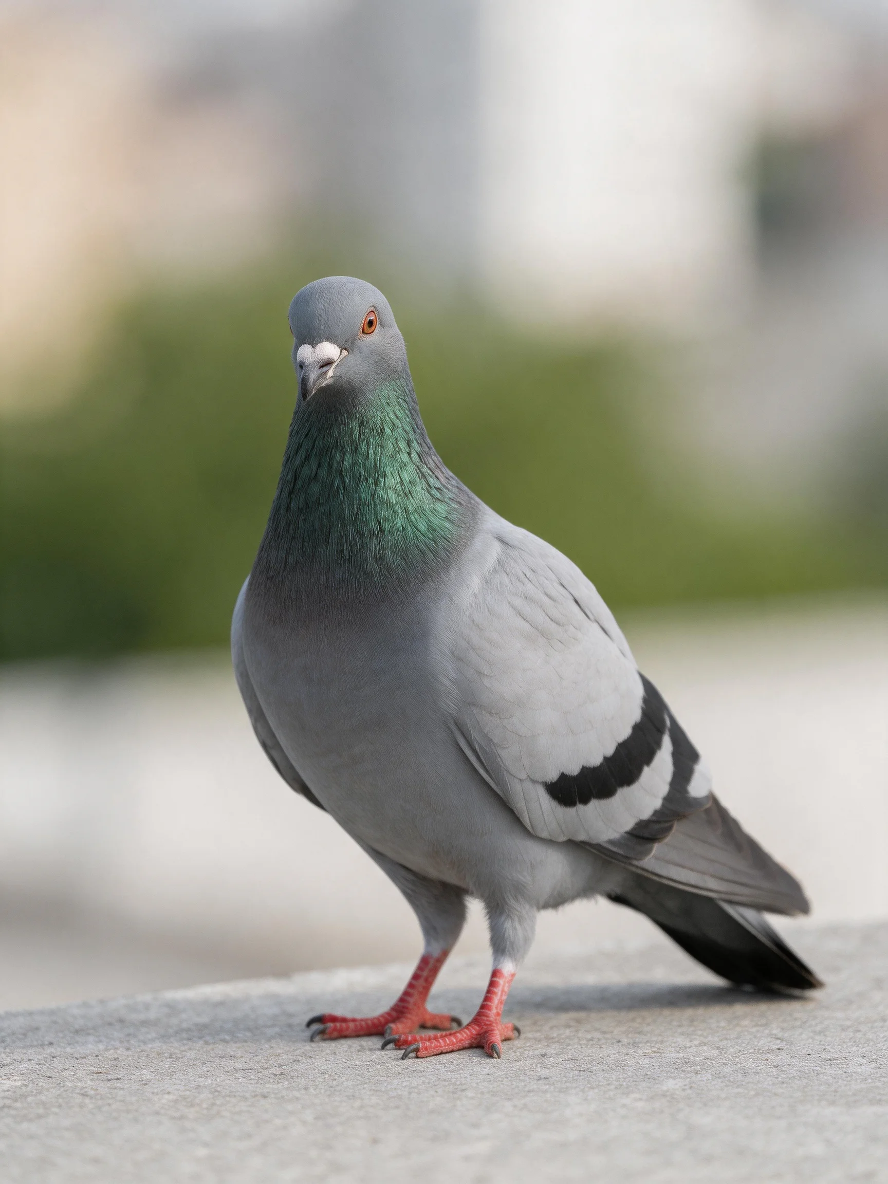 A gray pigeon with green neck and black wing stripes stands on concrete