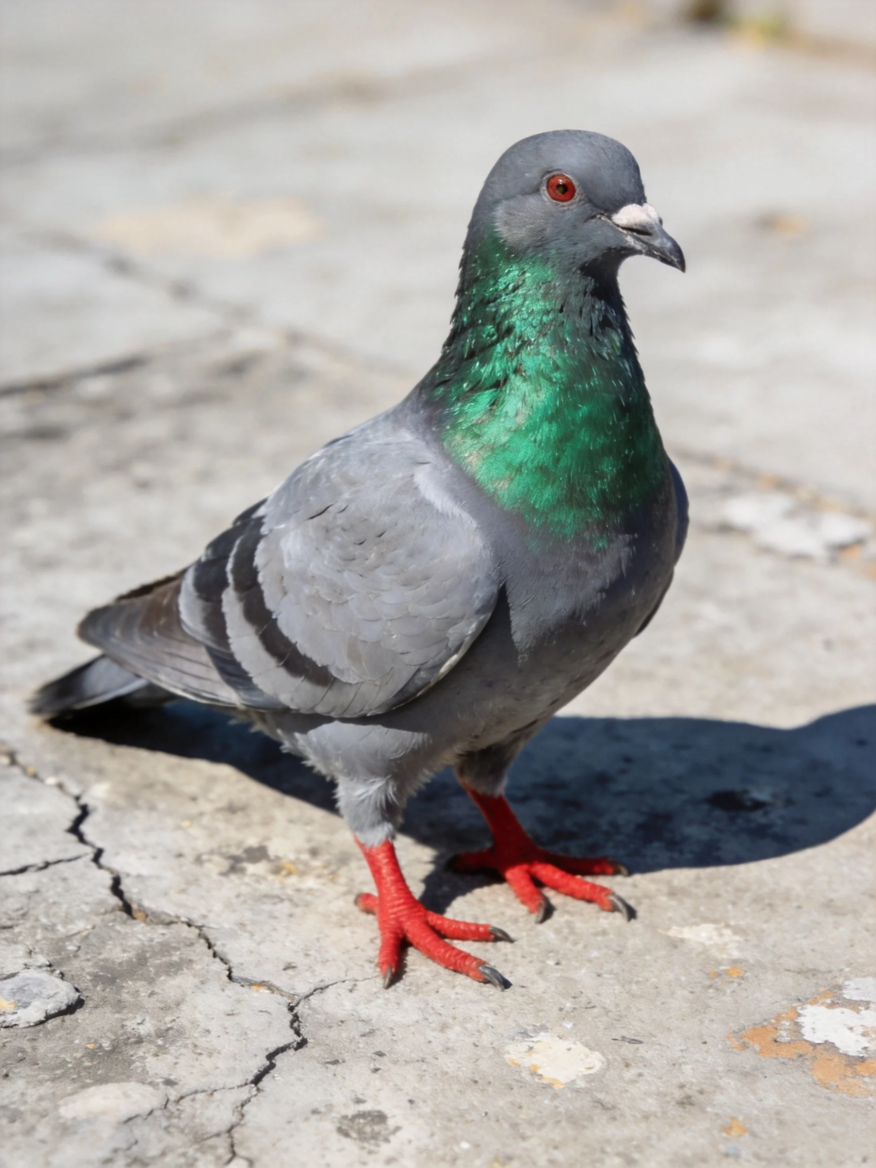 A gray pigeon with green neck and red feet on cracked pavement