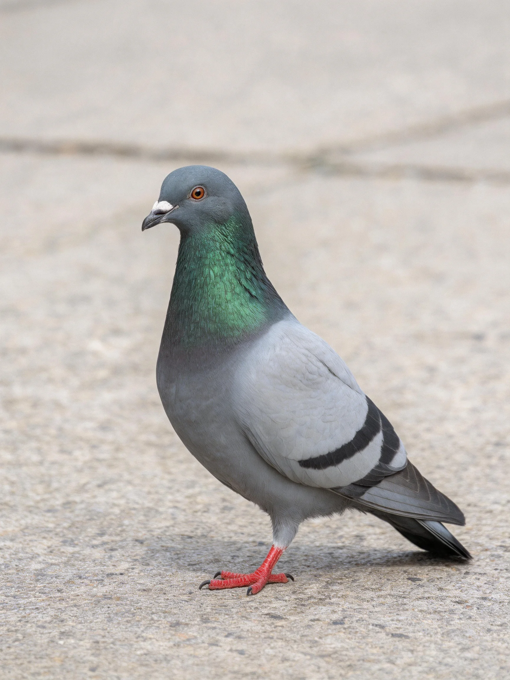 A gray pigeon with green neck and red feet on smooth pavement