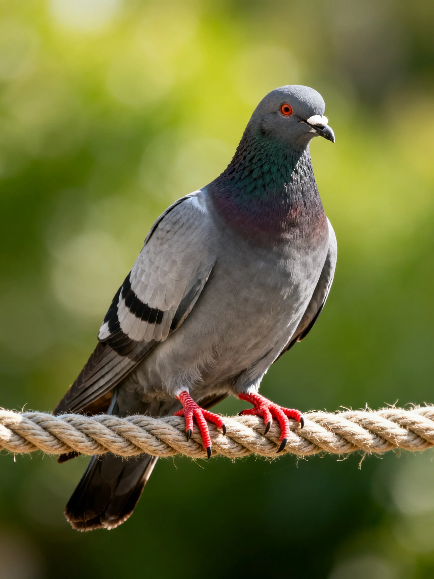 A gray pigeon with green neck and red feet perched on a thick rope