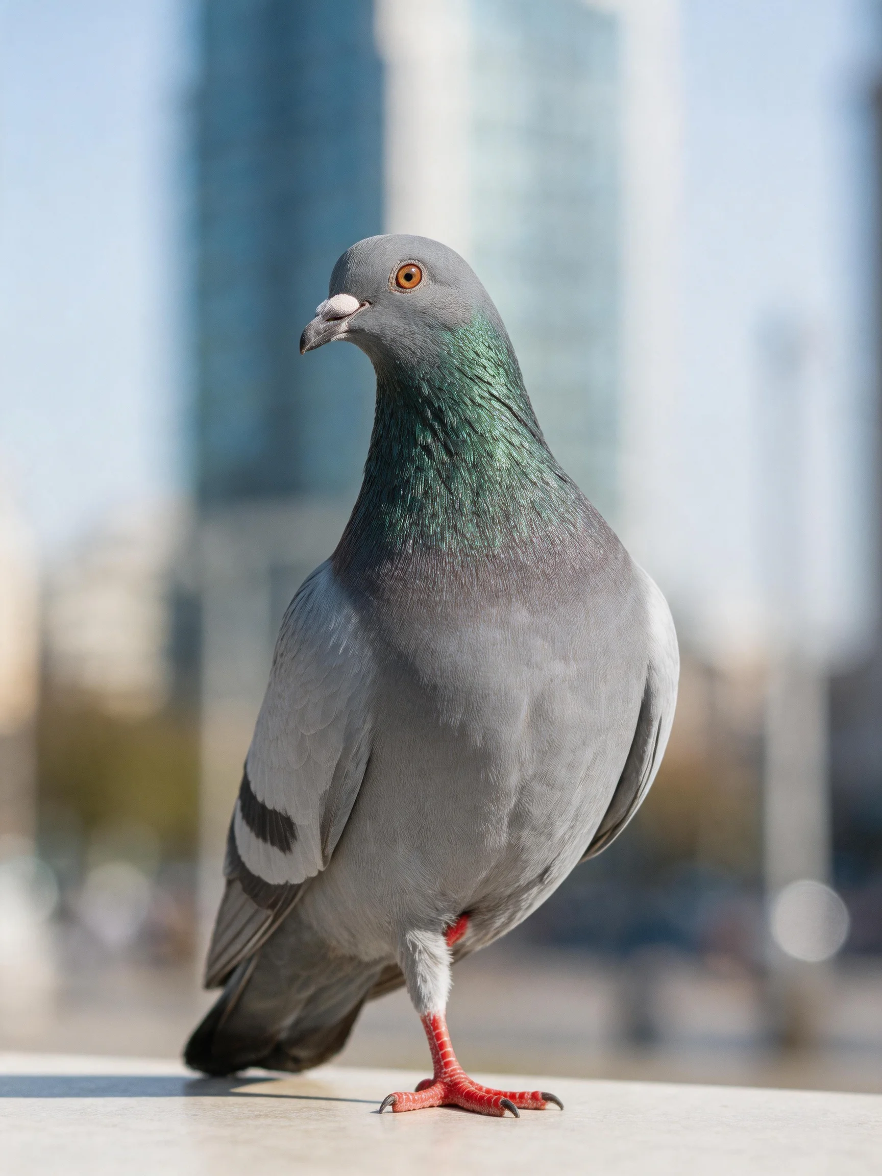 A gray pigeon with green neck and red leg perched near city buildings