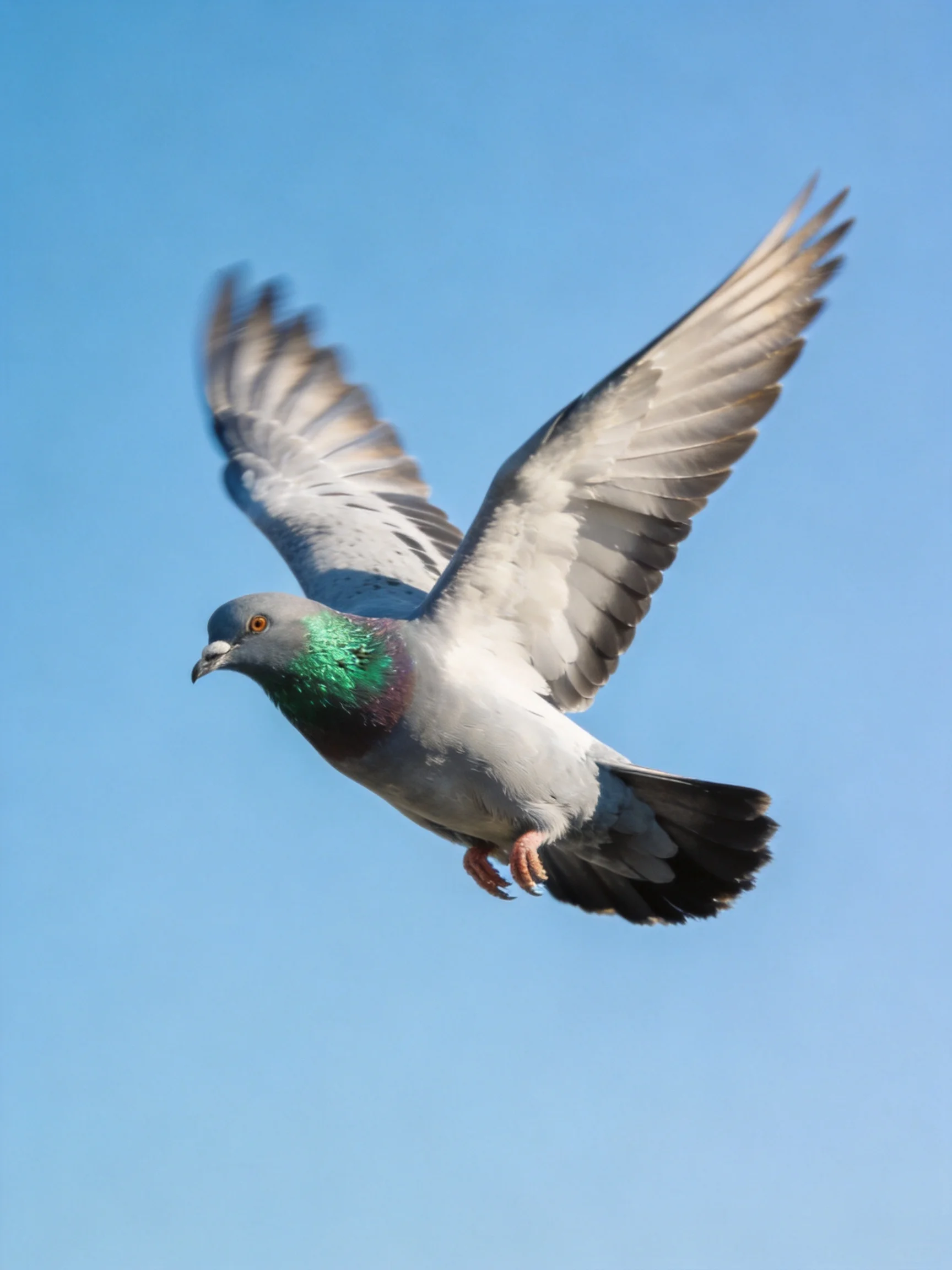 A gray pigeon with green neck flies against clear blue sky
