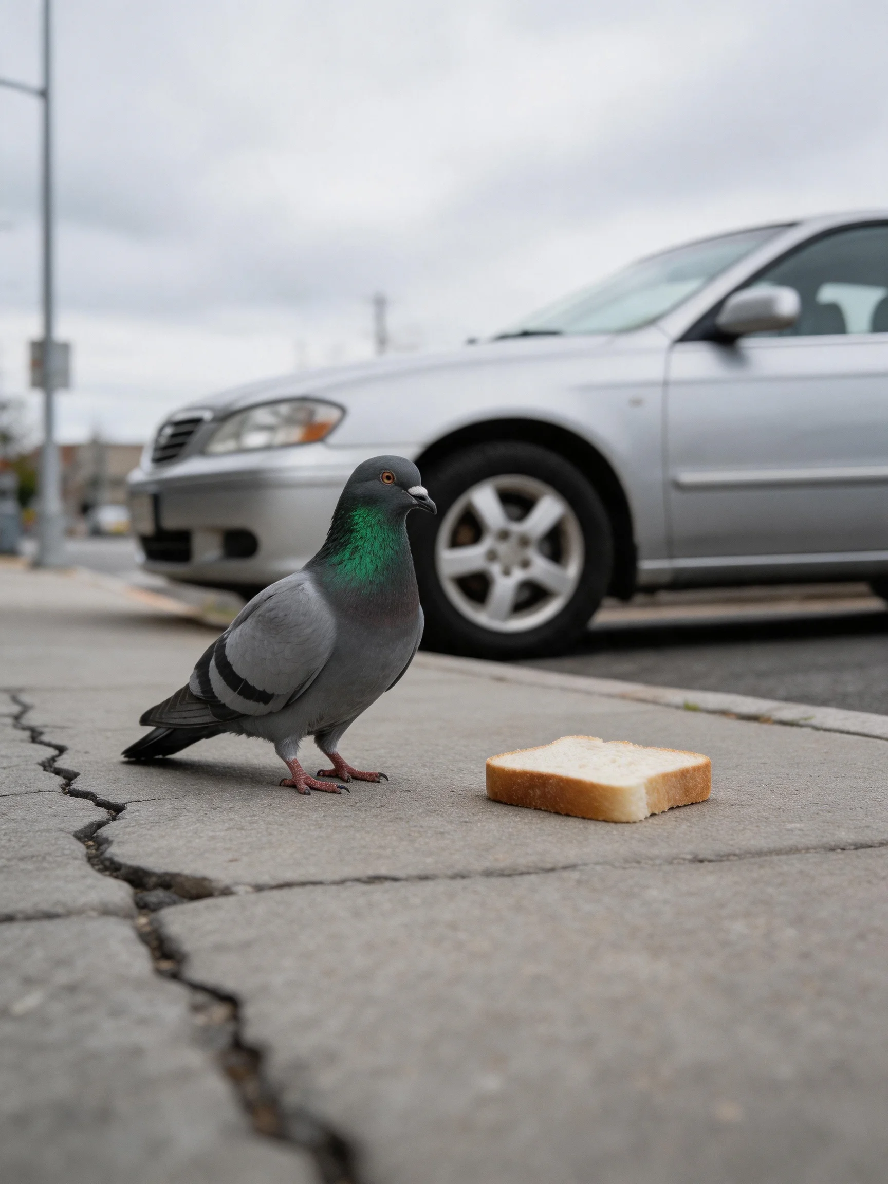 A gray pigeon with green neck near a bread slice by a silver sedan