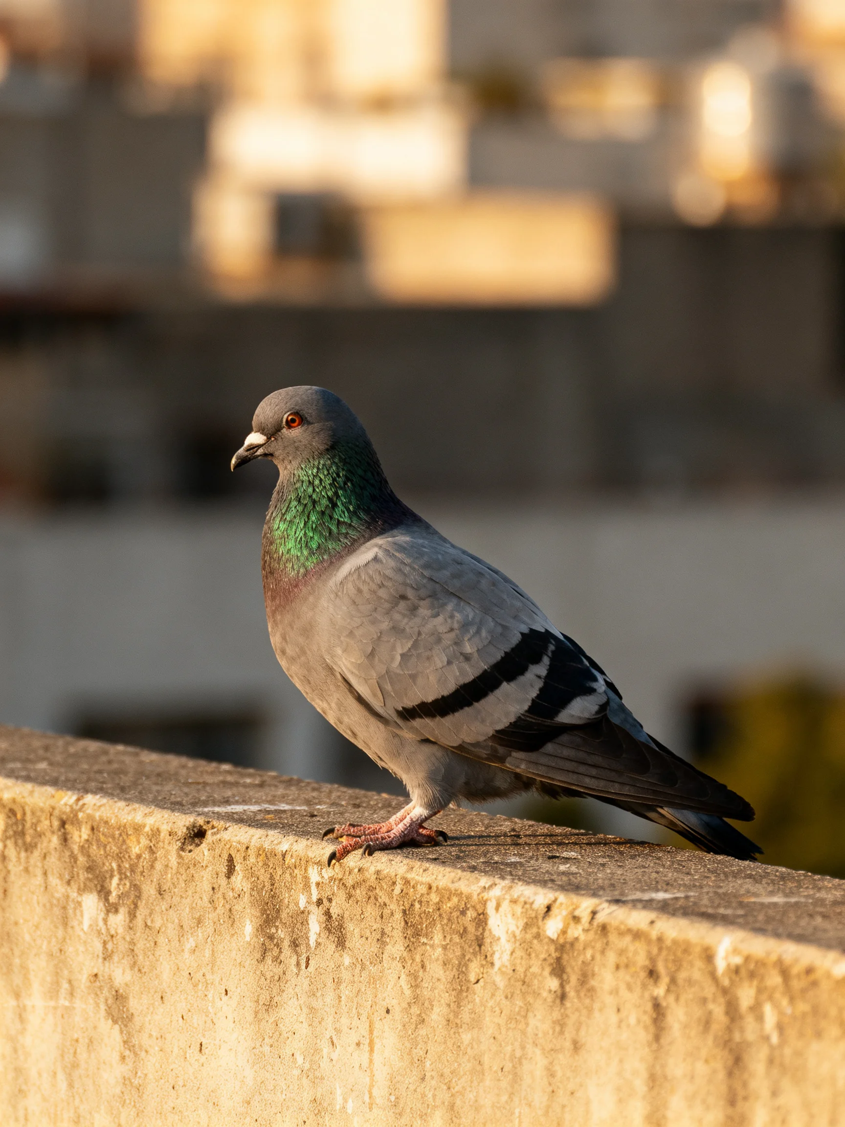 A gray pigeon with green neck perched on a weathered concrete ledge