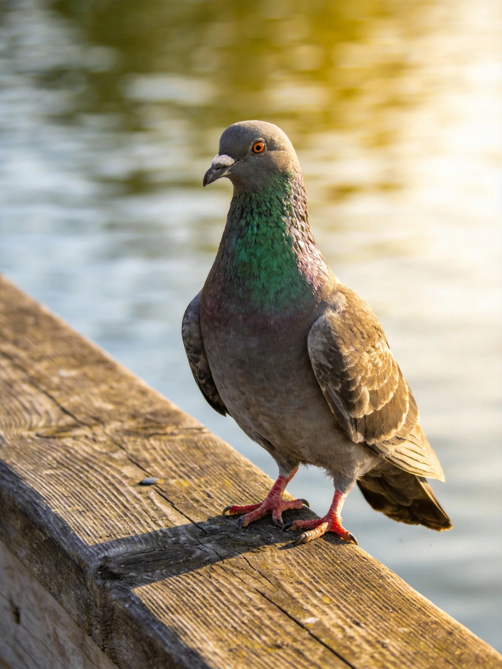 A gray pigeon with green neck perched on a weathered wooden rail by calm water