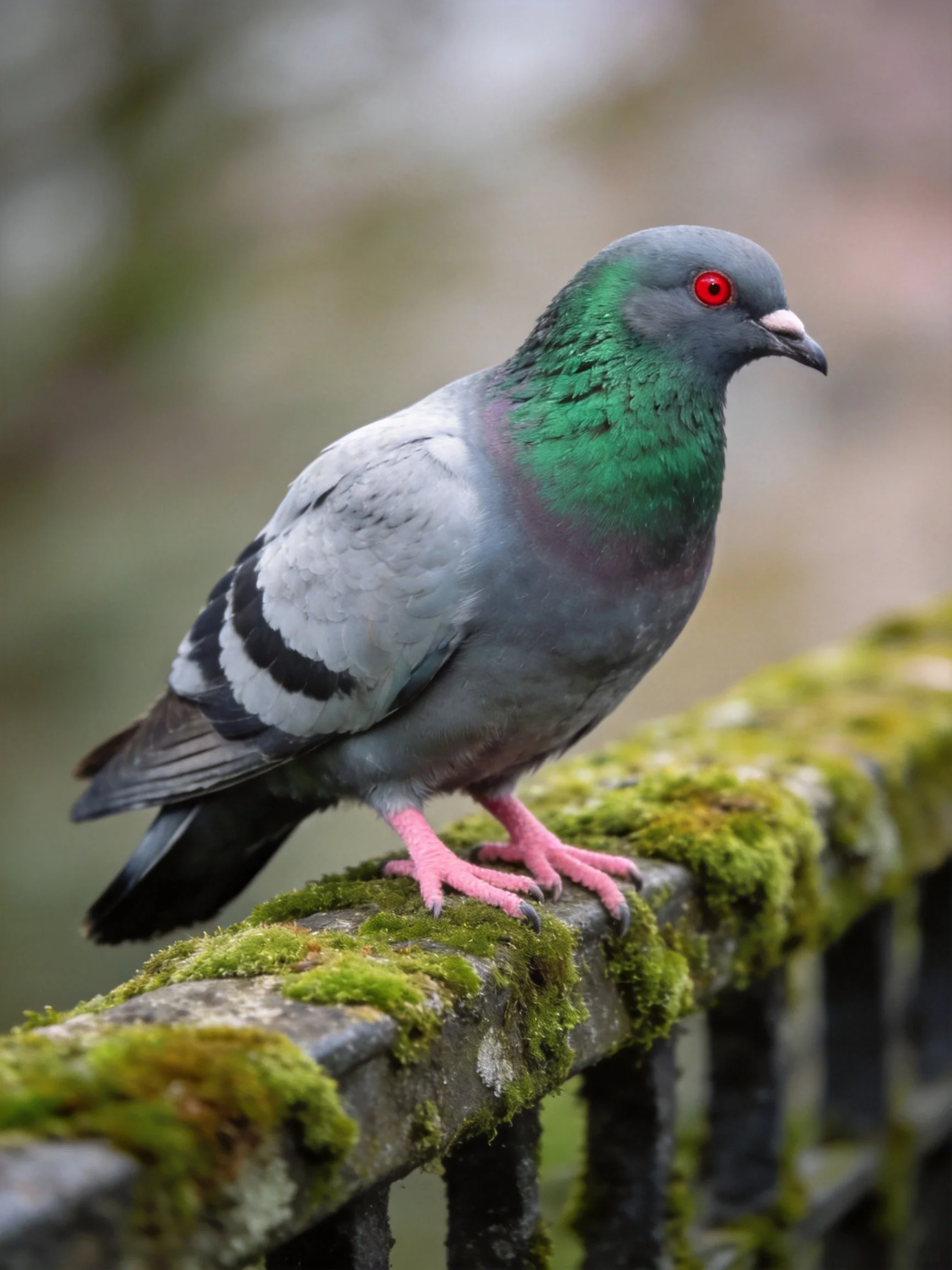 A gray pigeon with green neck perched on moss-covered railing