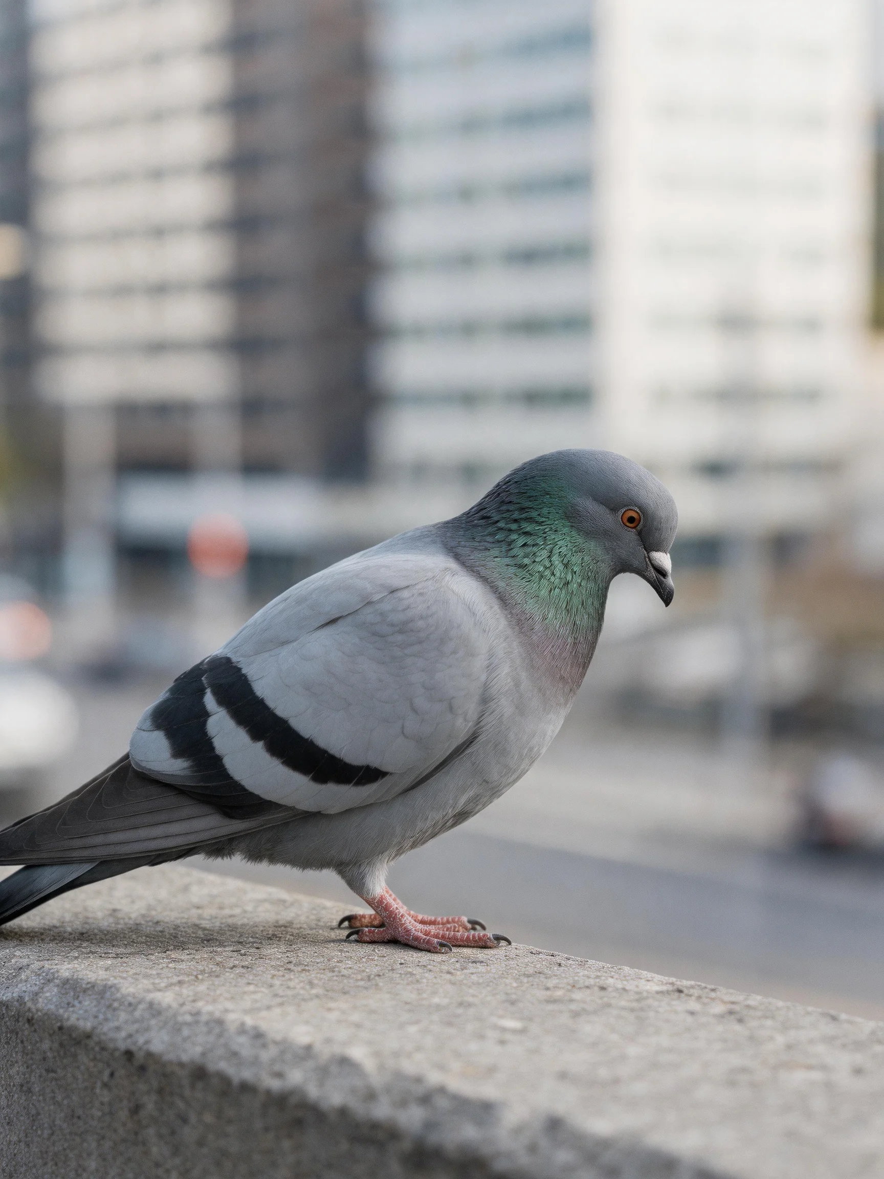 A gray pigeon with green neck perches on a concrete ledge amid city buildings