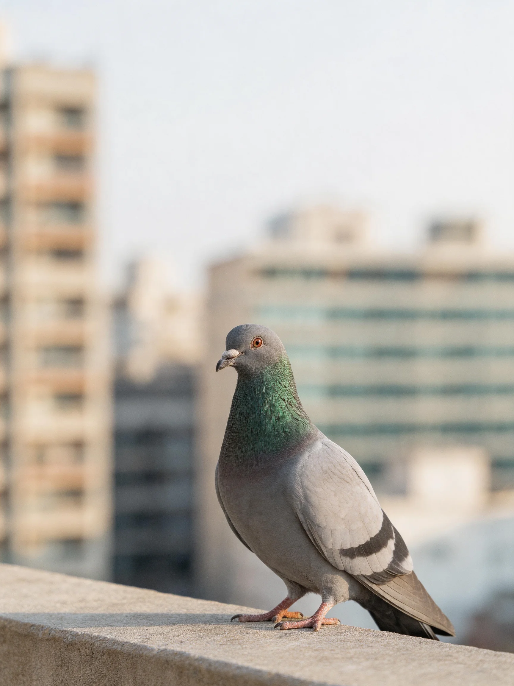 A gray pigeon with green neck perches on a concrete ledge near tall buildings