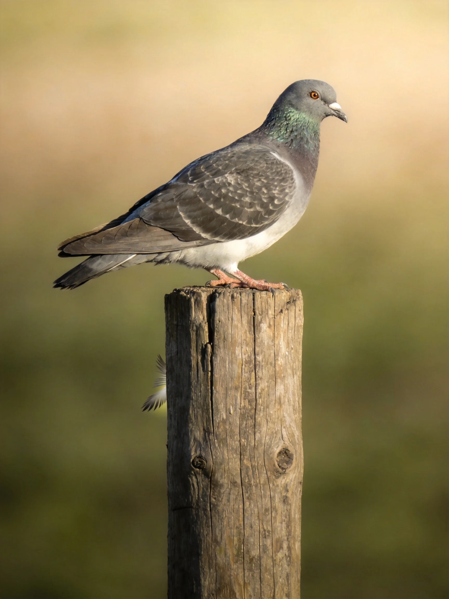 A gray pigeon with green neck perches on a weathered wooden post