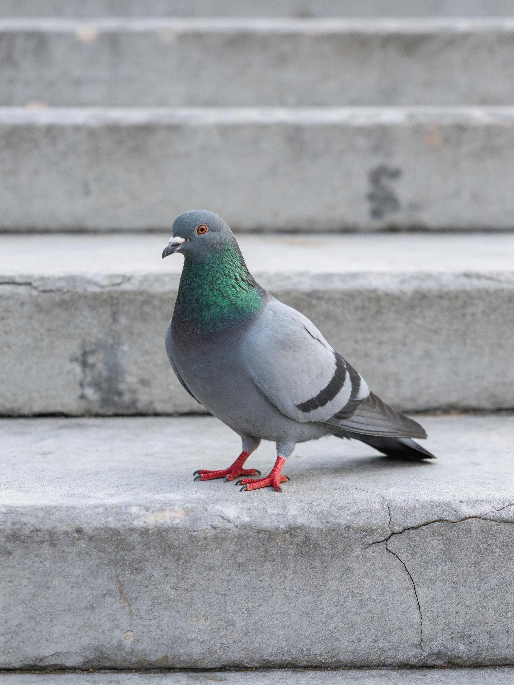A gray pigeon with green neck standing on weathered concrete steps