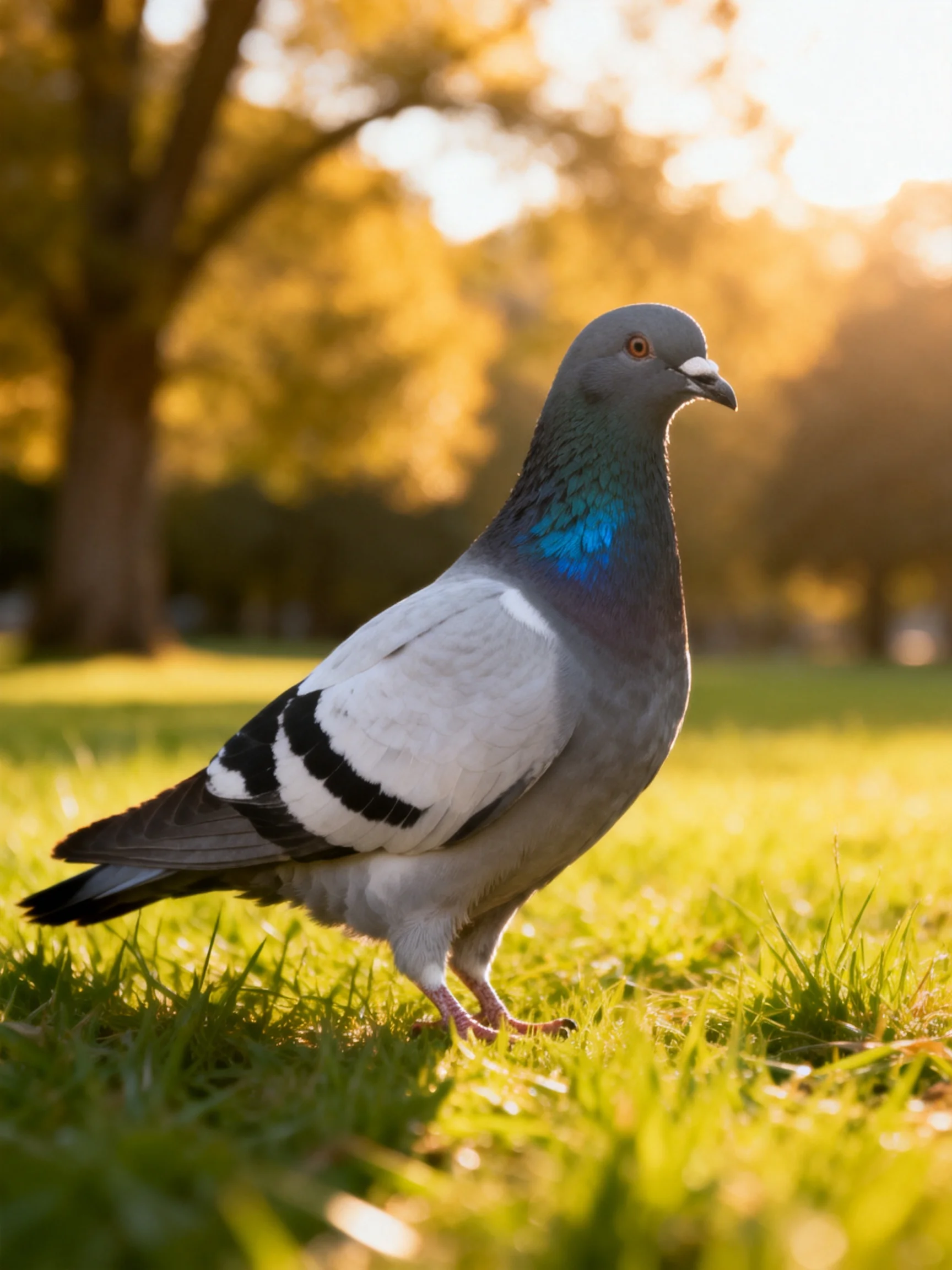 A gray pigeon with iridescent blue neck on sunlit green grass