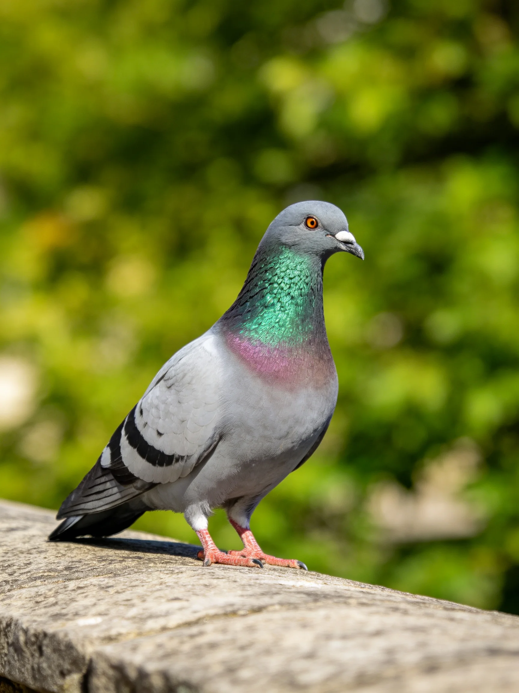 A gray pigeon with iridescent green and pink plumage perches on a stone ledge