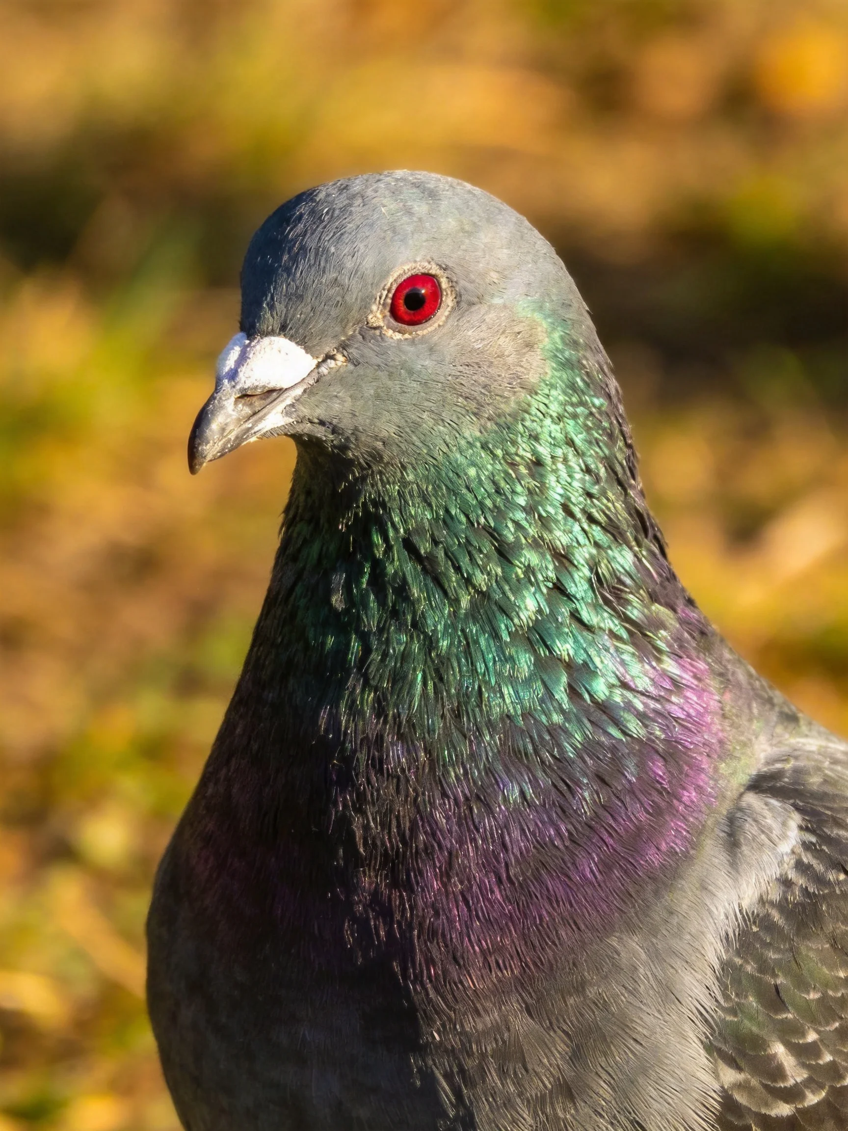A gray pigeon with iridescent green and purple plumage