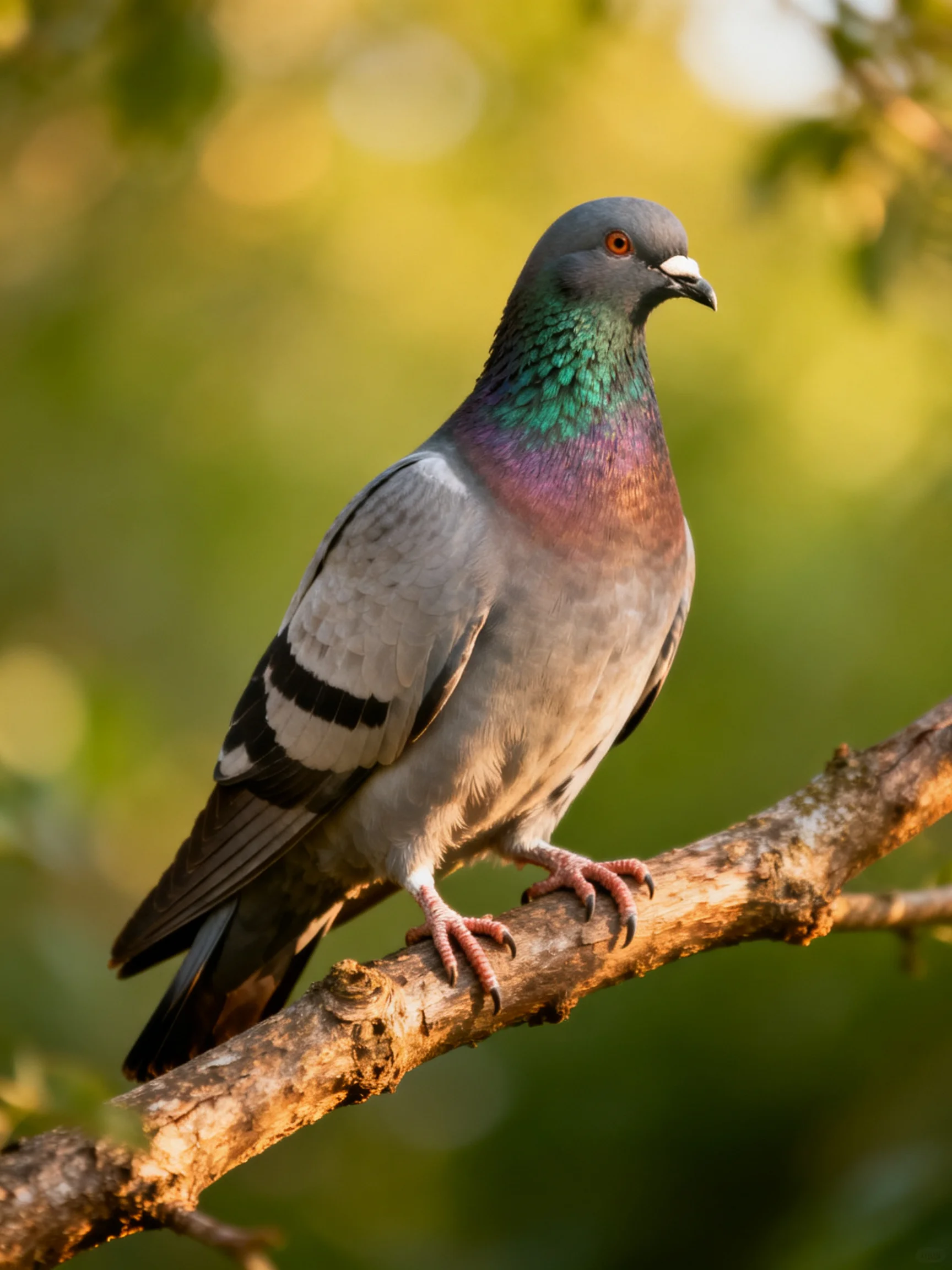 A gray pigeon with iridescent green and purple plumage perched on a tree branch