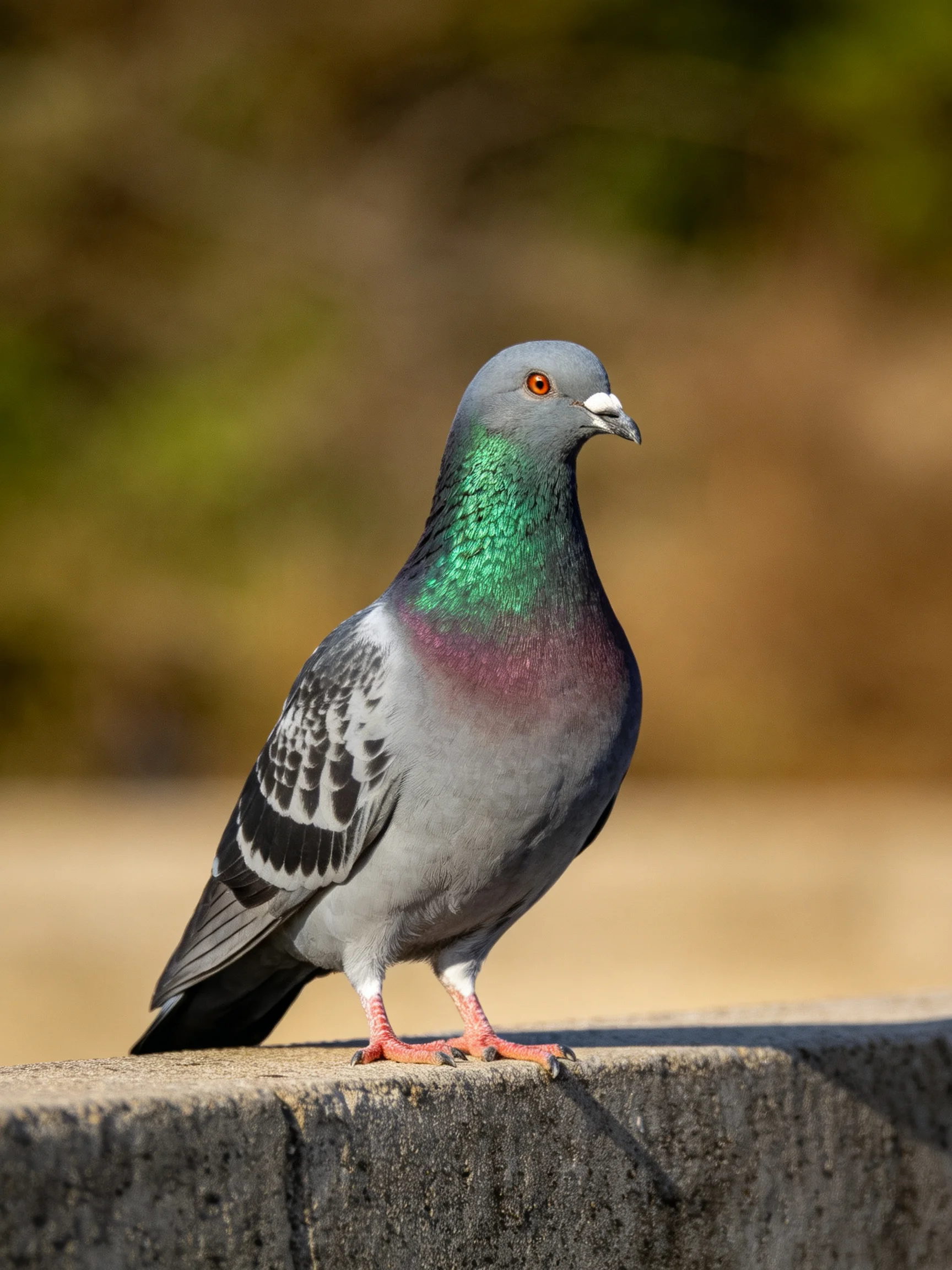 A gray pigeon with iridescent green and purple plumage perches on concrete