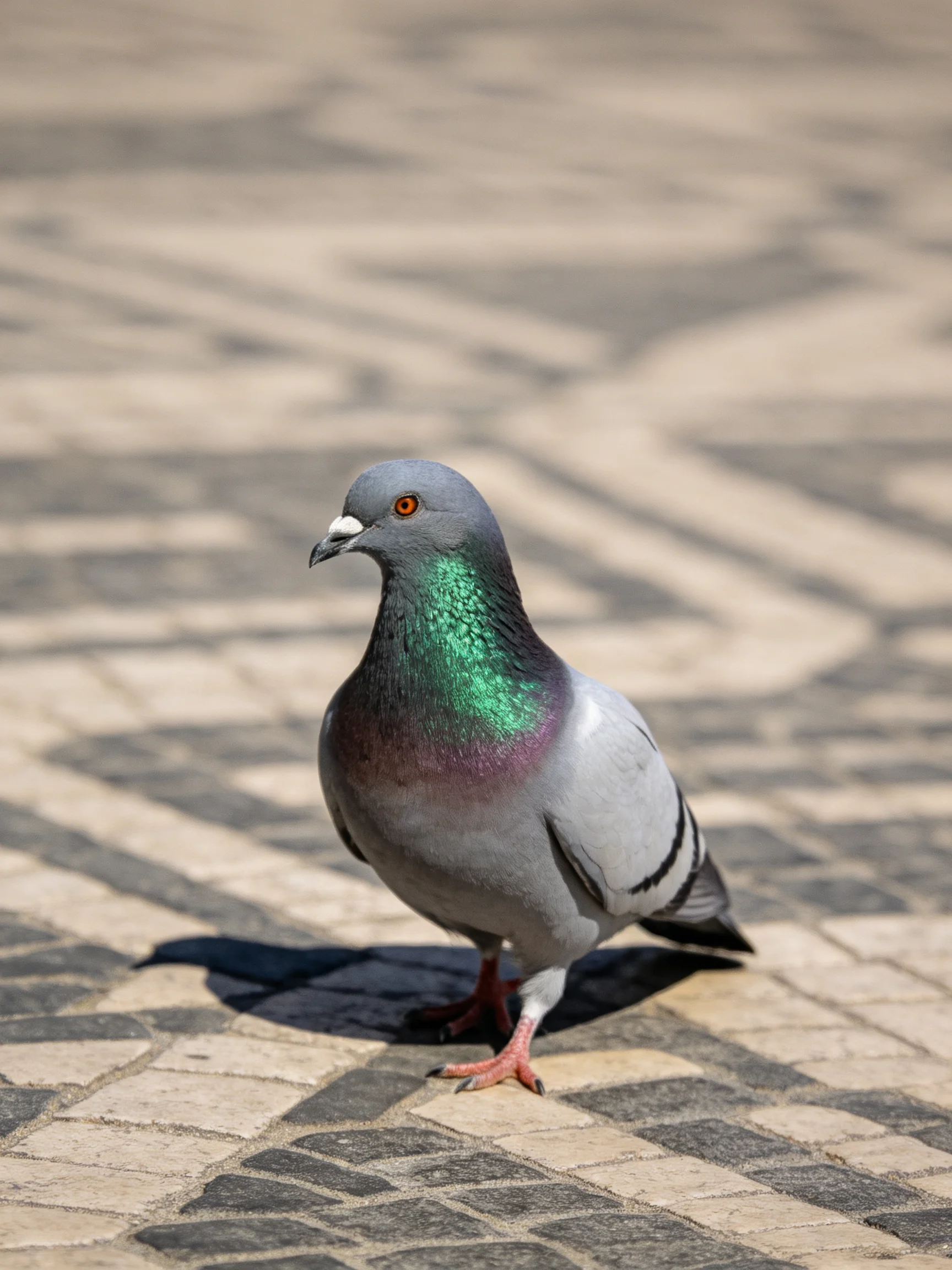 A pigeon with colorful plumage walks on intricately designed stone pavement.