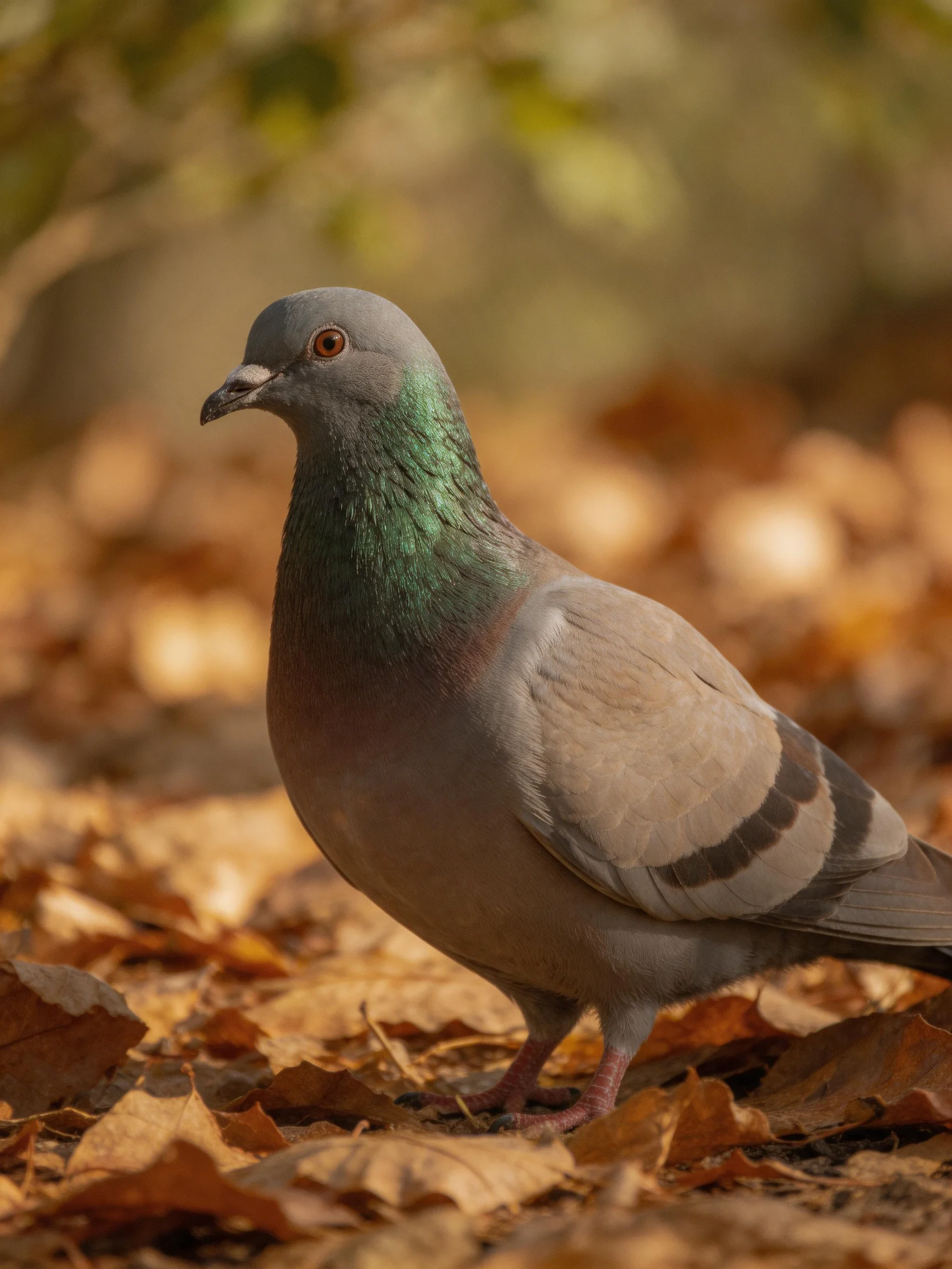 A gray pigeon with iridescent green neck amid golden-brown fallen leaves