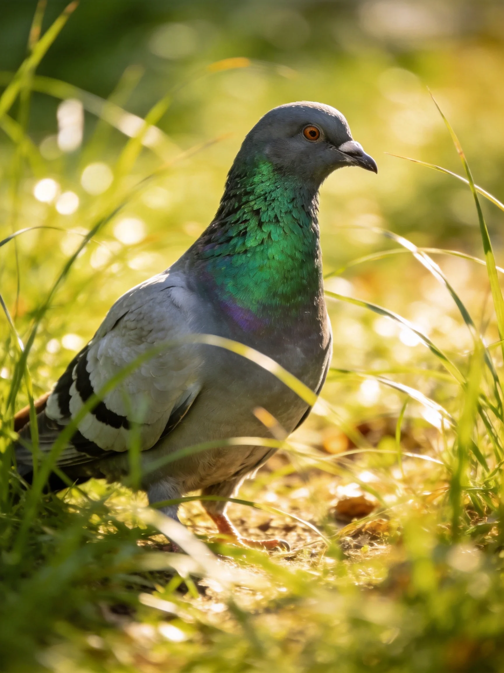 A gray pigeon with iridescent green neck among tall grass