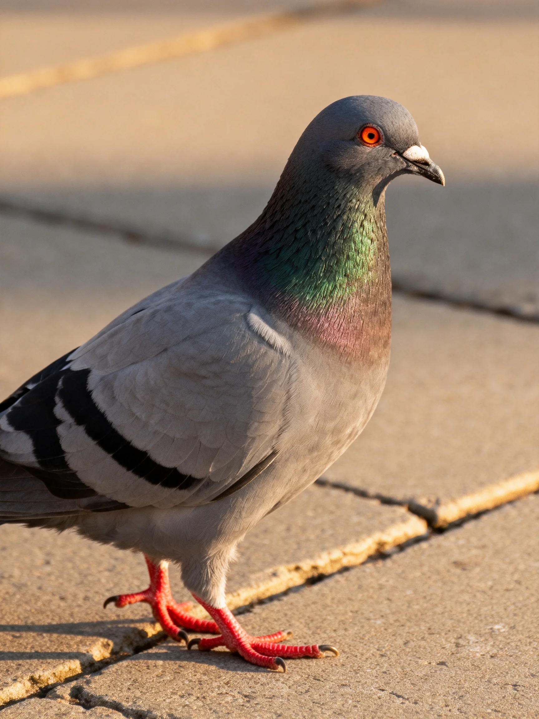 A gray pigeon with an iridescent neck stands on a paved area