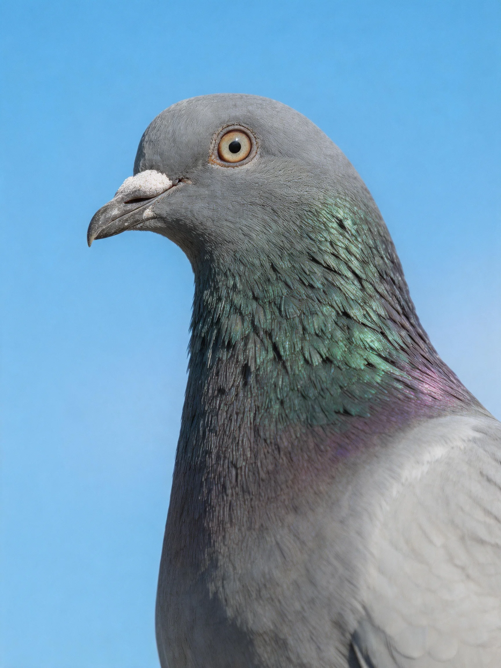 A gray pigeon with iridescent green neck feathers against a clear blue sky