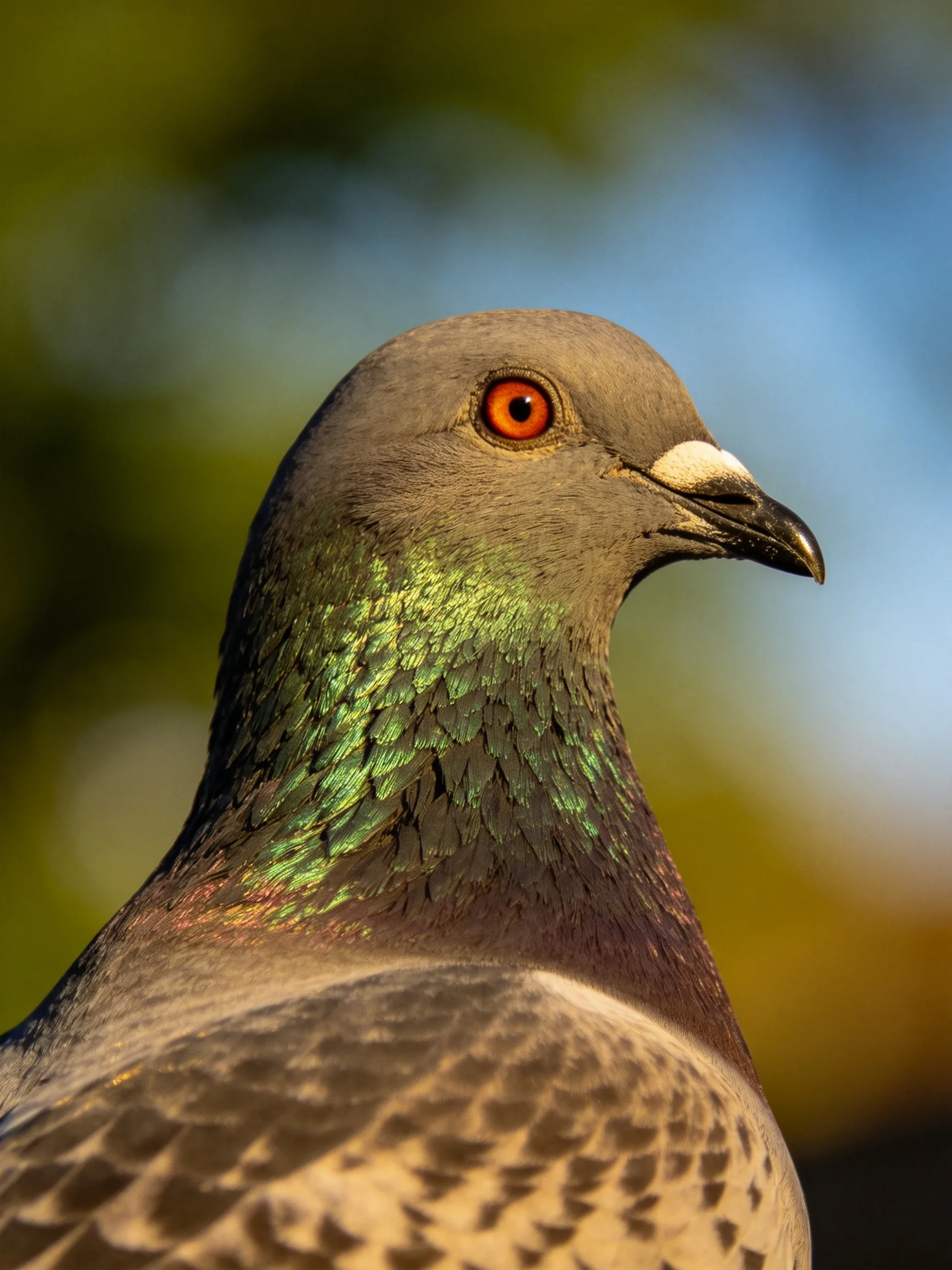 A gray pigeon with iridescent green neck feathers