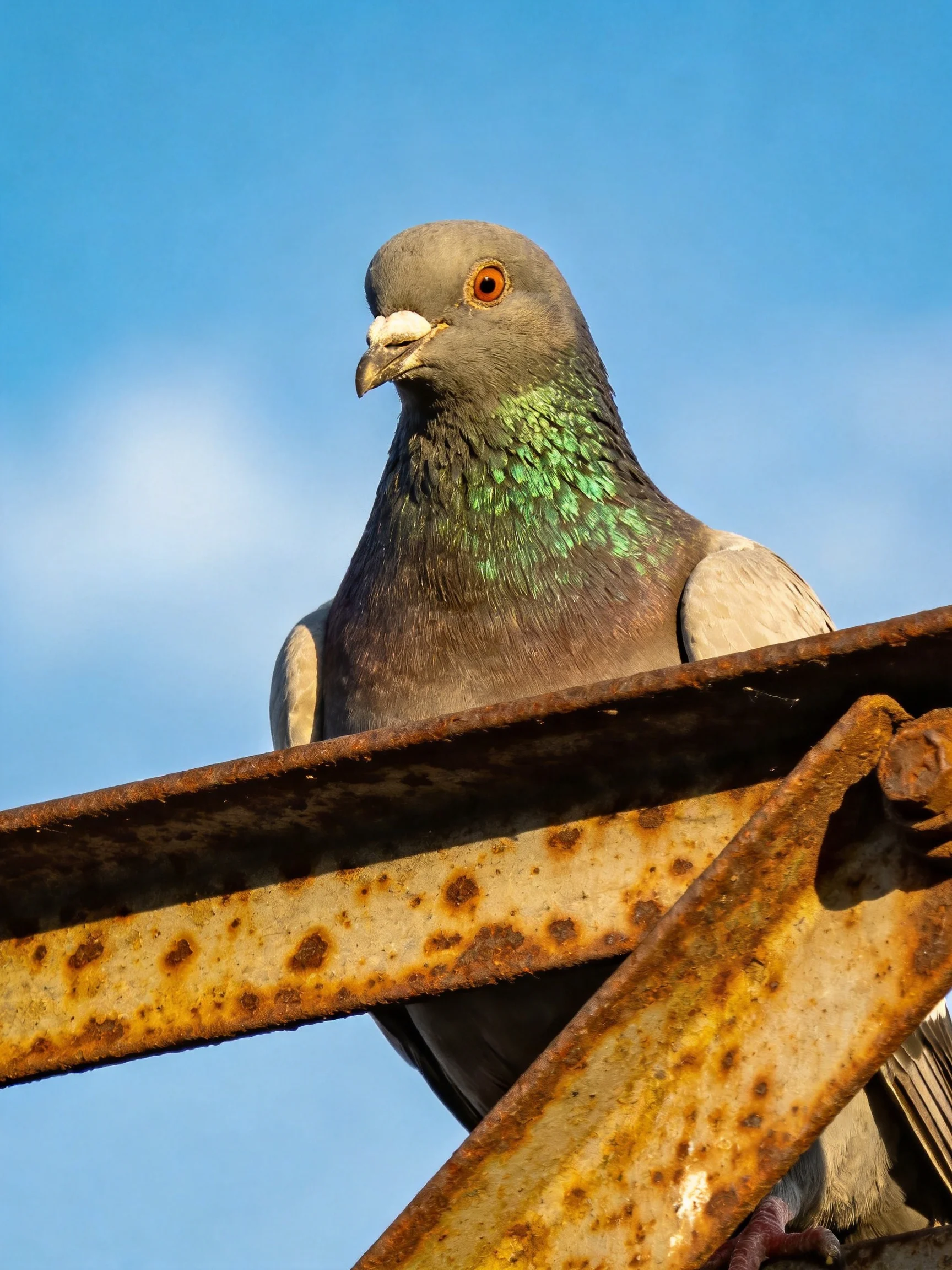 A gray pigeon rests on a rusted metal structure beneath a clear blue sky