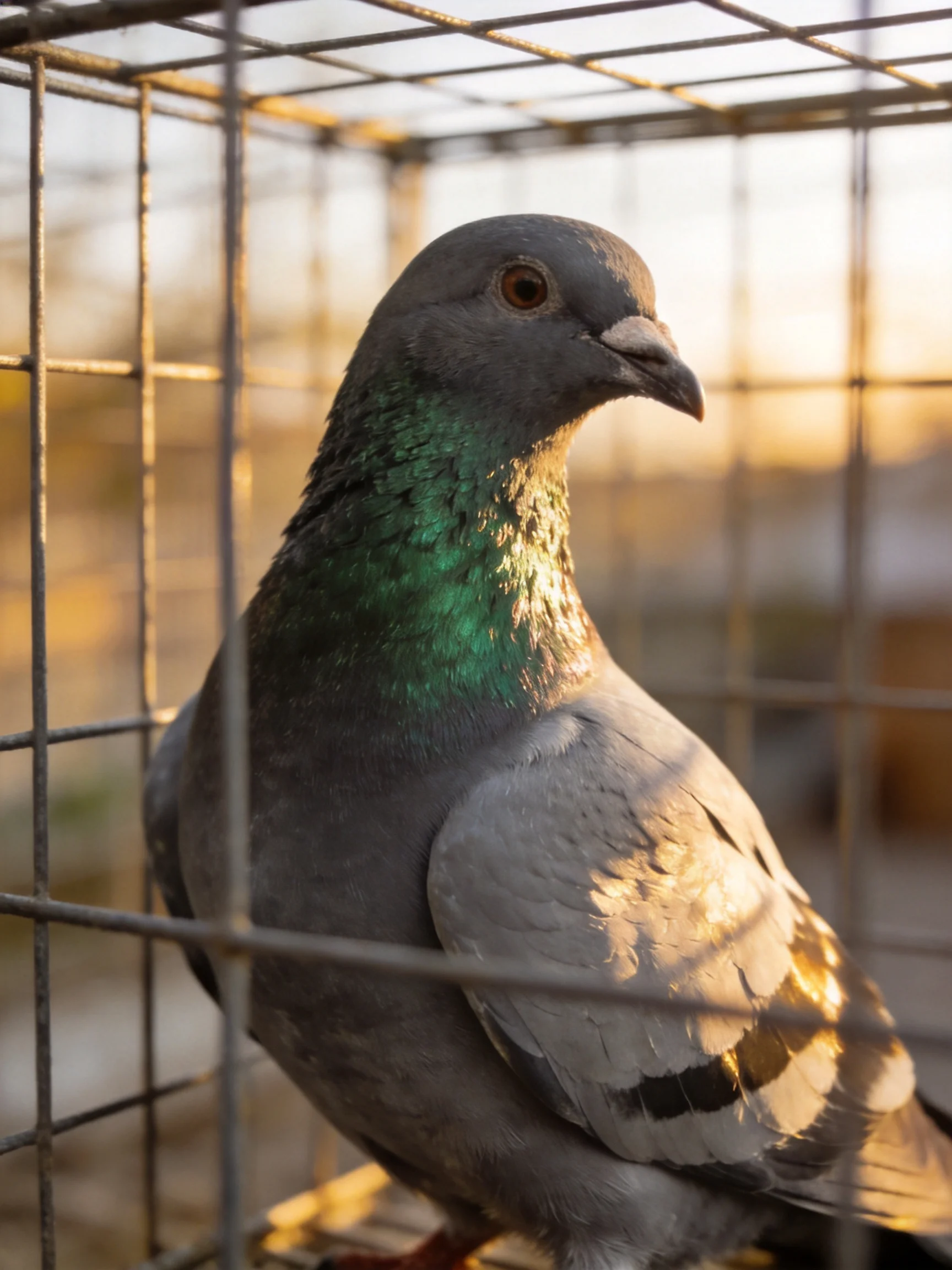 A gray pigeon with iridescent green neck in a metal cage