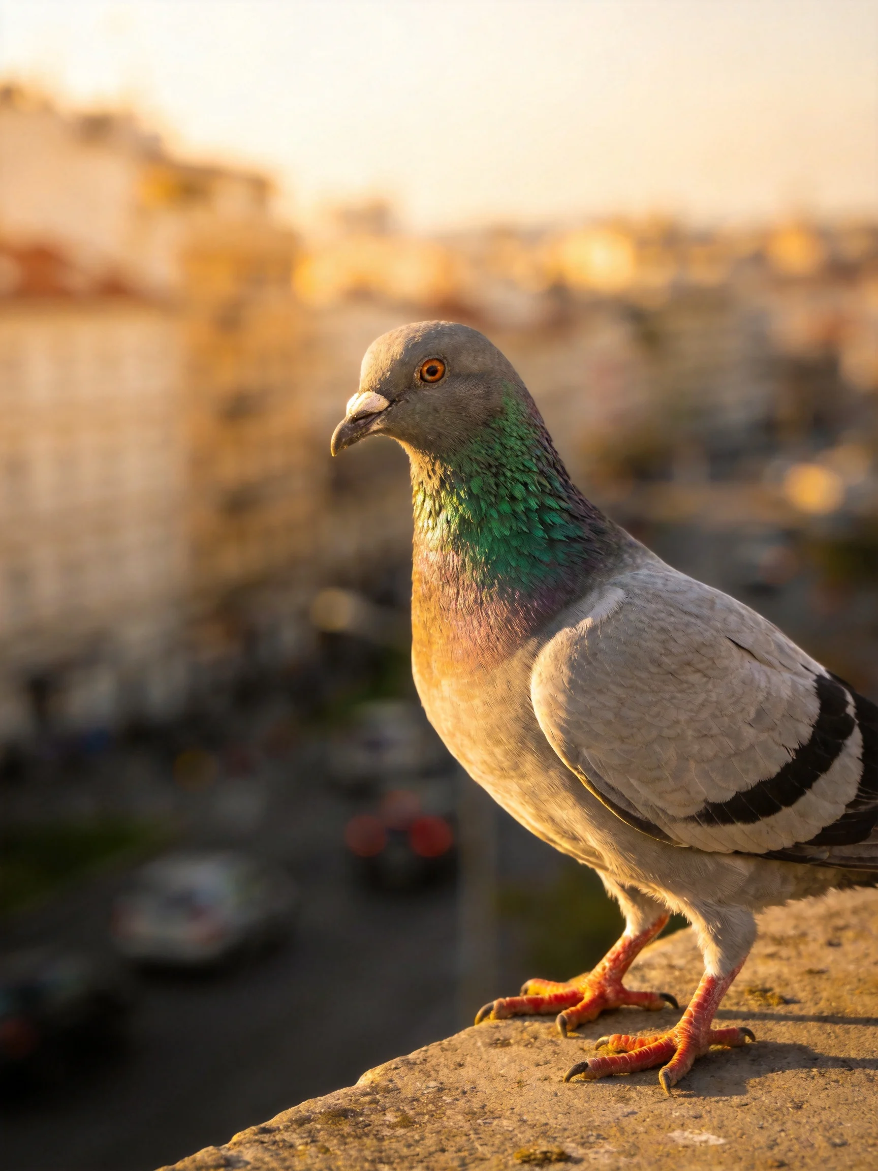 A gray pigeon with iridescent green neck on a concrete ledge