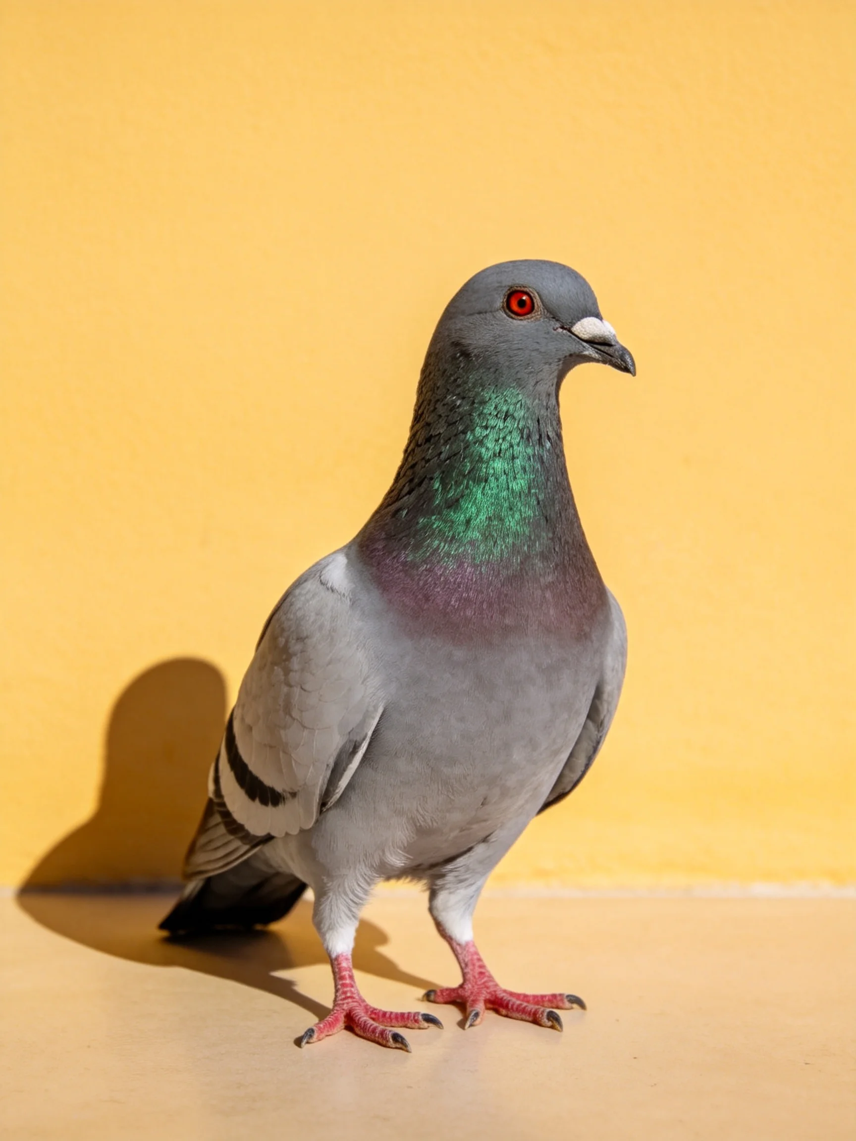 A gray pigeon stands beside a bright yellow wall.