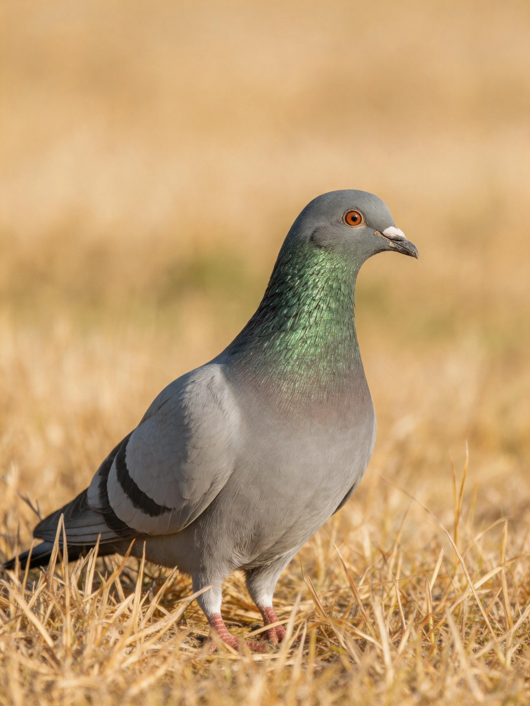 A gray pigeon with iridescent green neck on dry golden grass