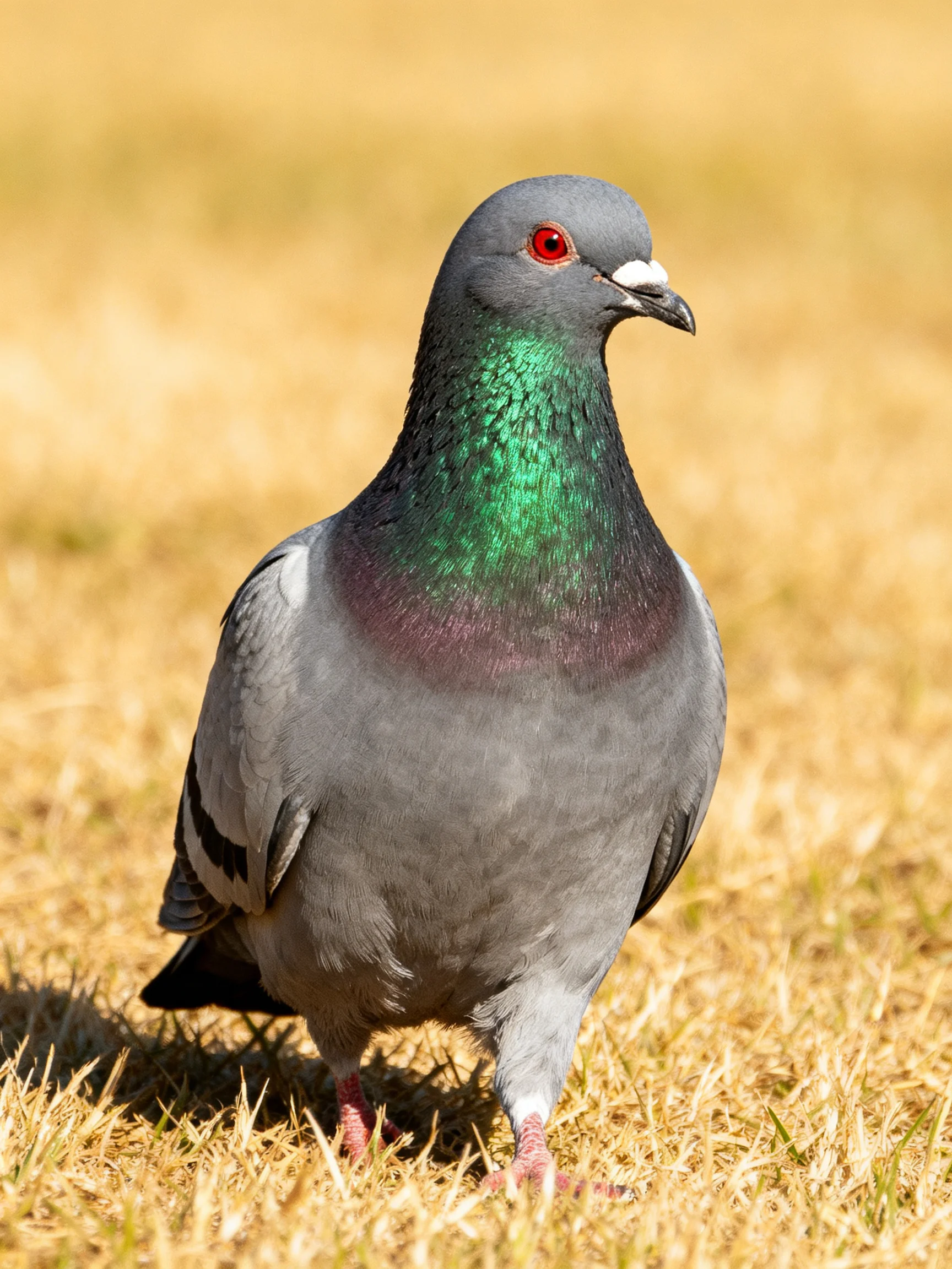 A gray pigeon with an iridescent green neck stands on dry grass.