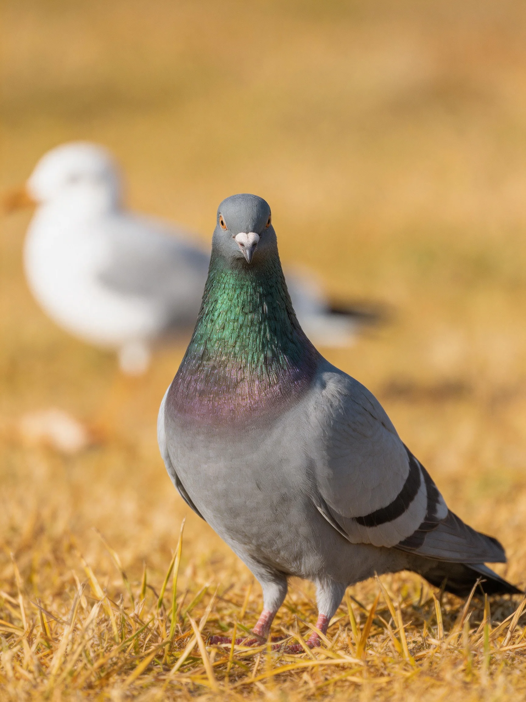 A gray pigeon with iridescent green neck on golden grass near a white seagull