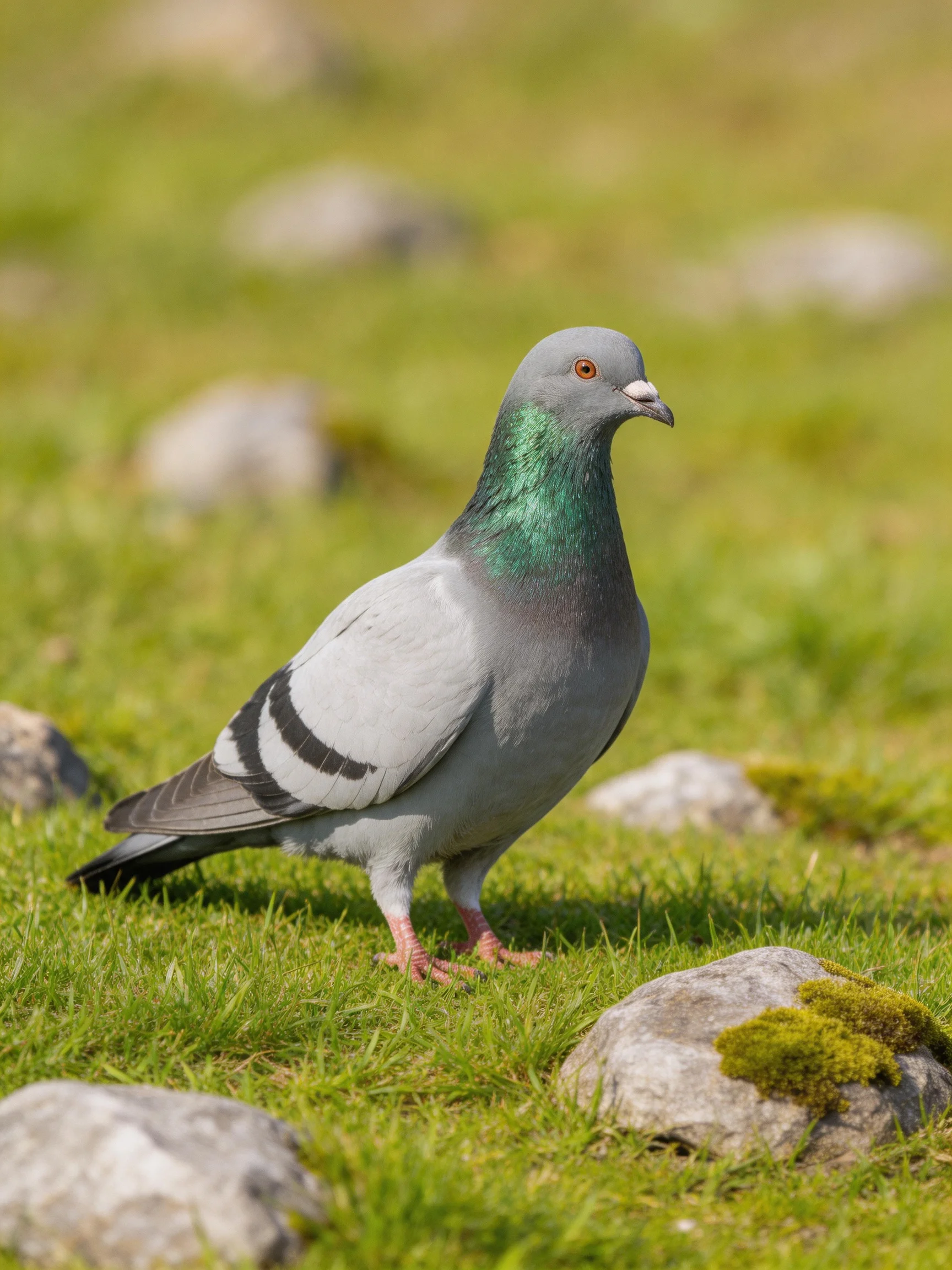 A gray pigeon with an iridescent green neck stands on grass amid rocks.