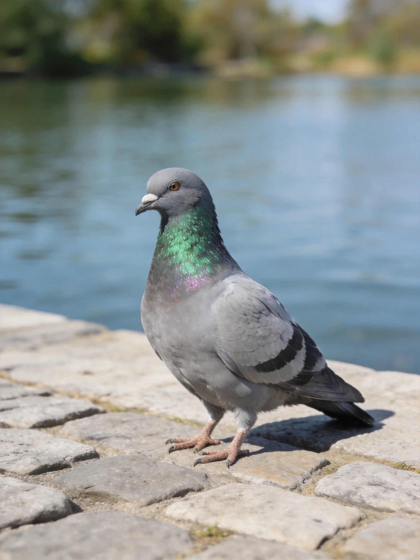 A gray pigeon with iridescent green neck on stone pavement by water