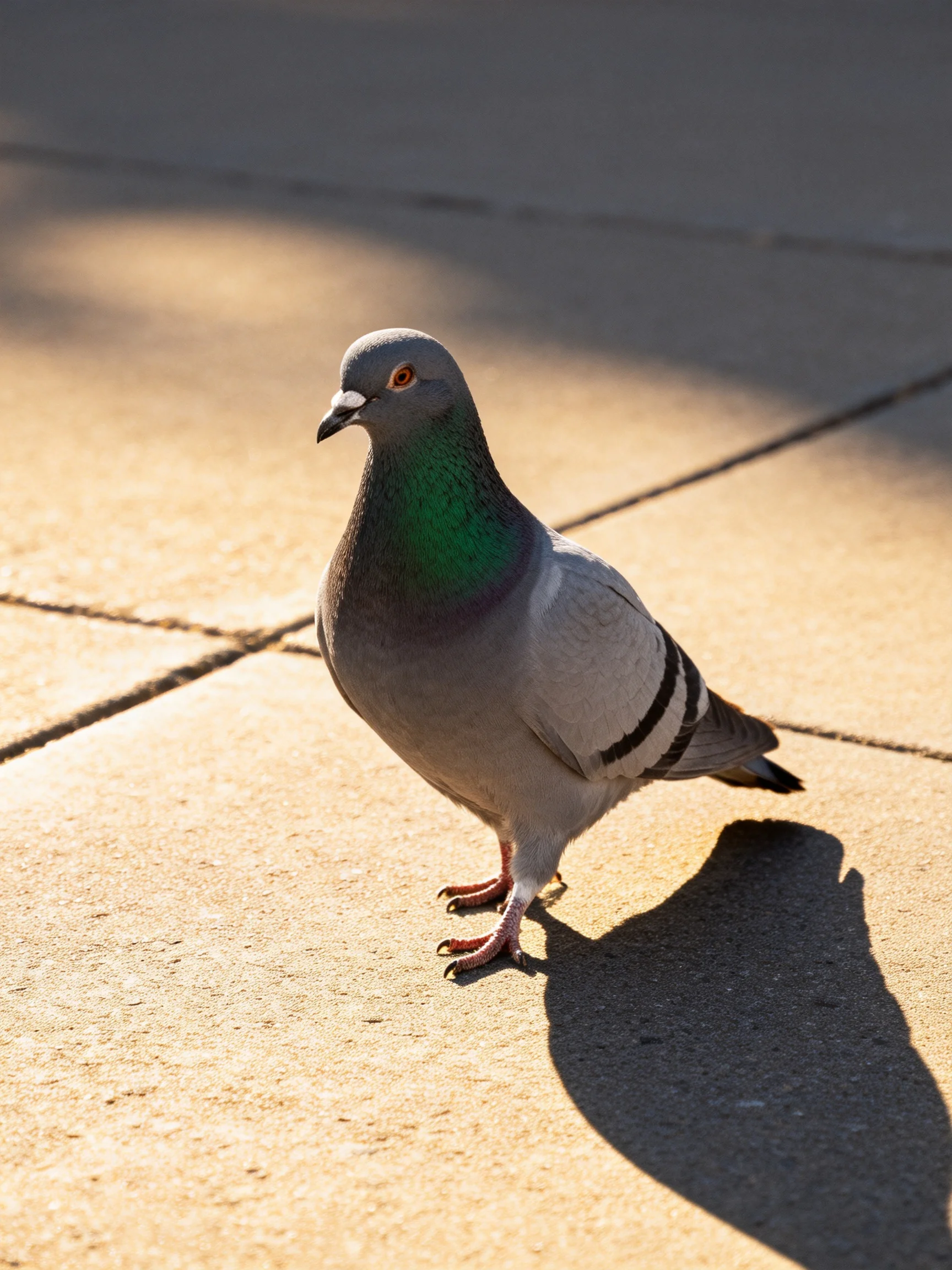A gray pigeon with iridescent green neck on sunlit pavement tiles